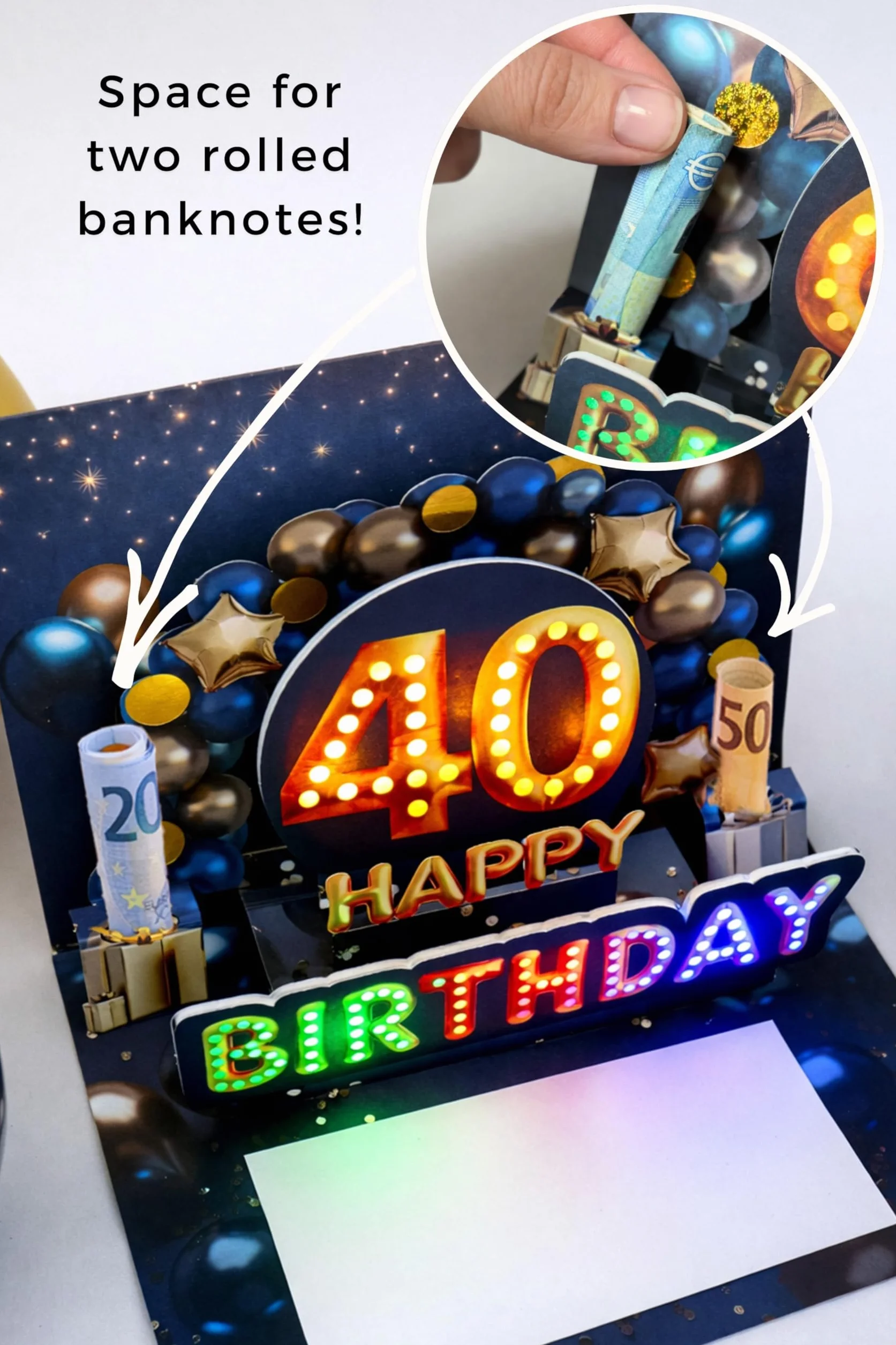 Joli Coon Biglietto auguri 40 anni uomo – Biglietto auguri compleanno 3D con musica e luce pop up, 20×15 cm, busta e adesivo sigillo