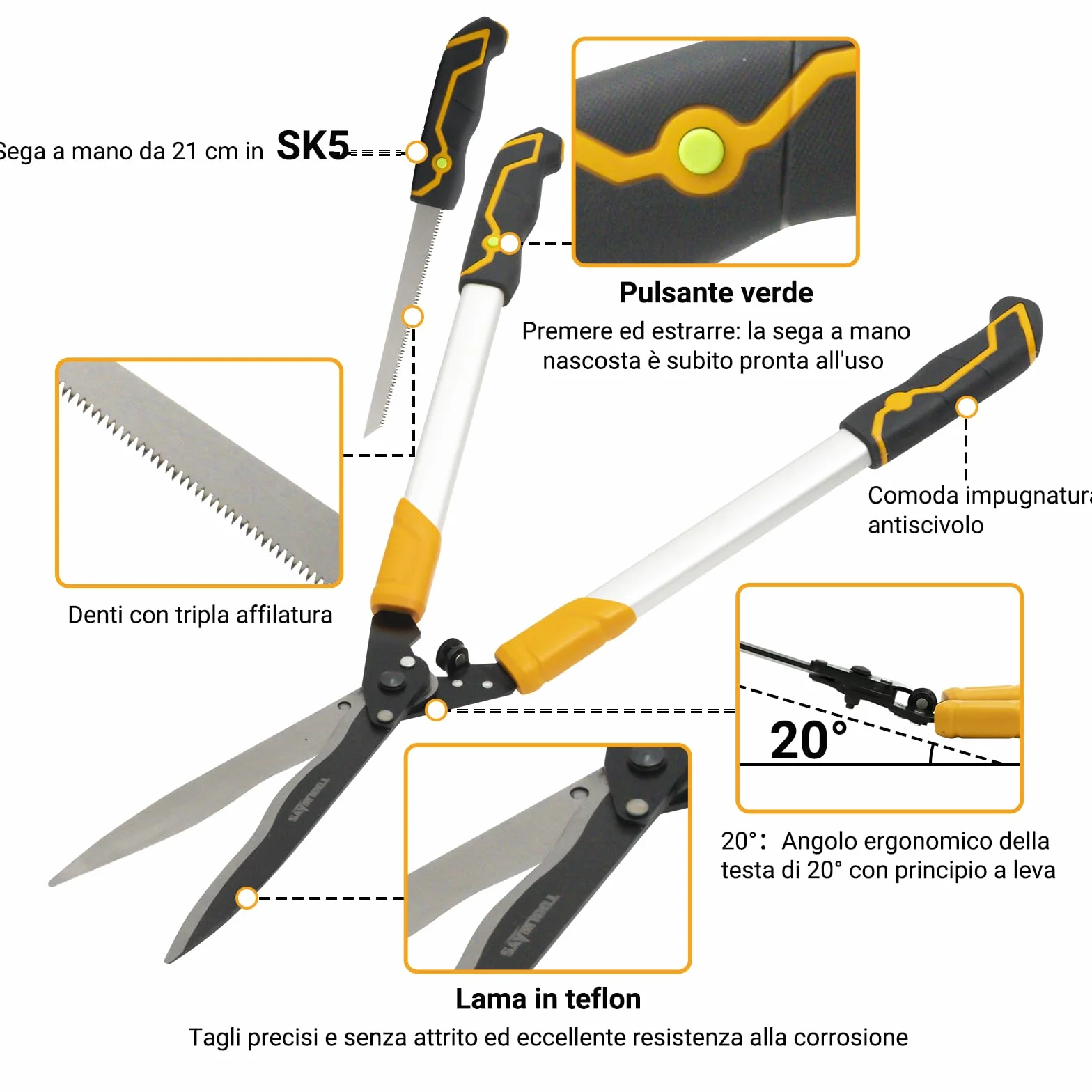 Tagliasiepi 78 cm, cesoie da giardino con sega a mano da 21 cm, cesoie professionali manualmente con design a testa angolata di 20°