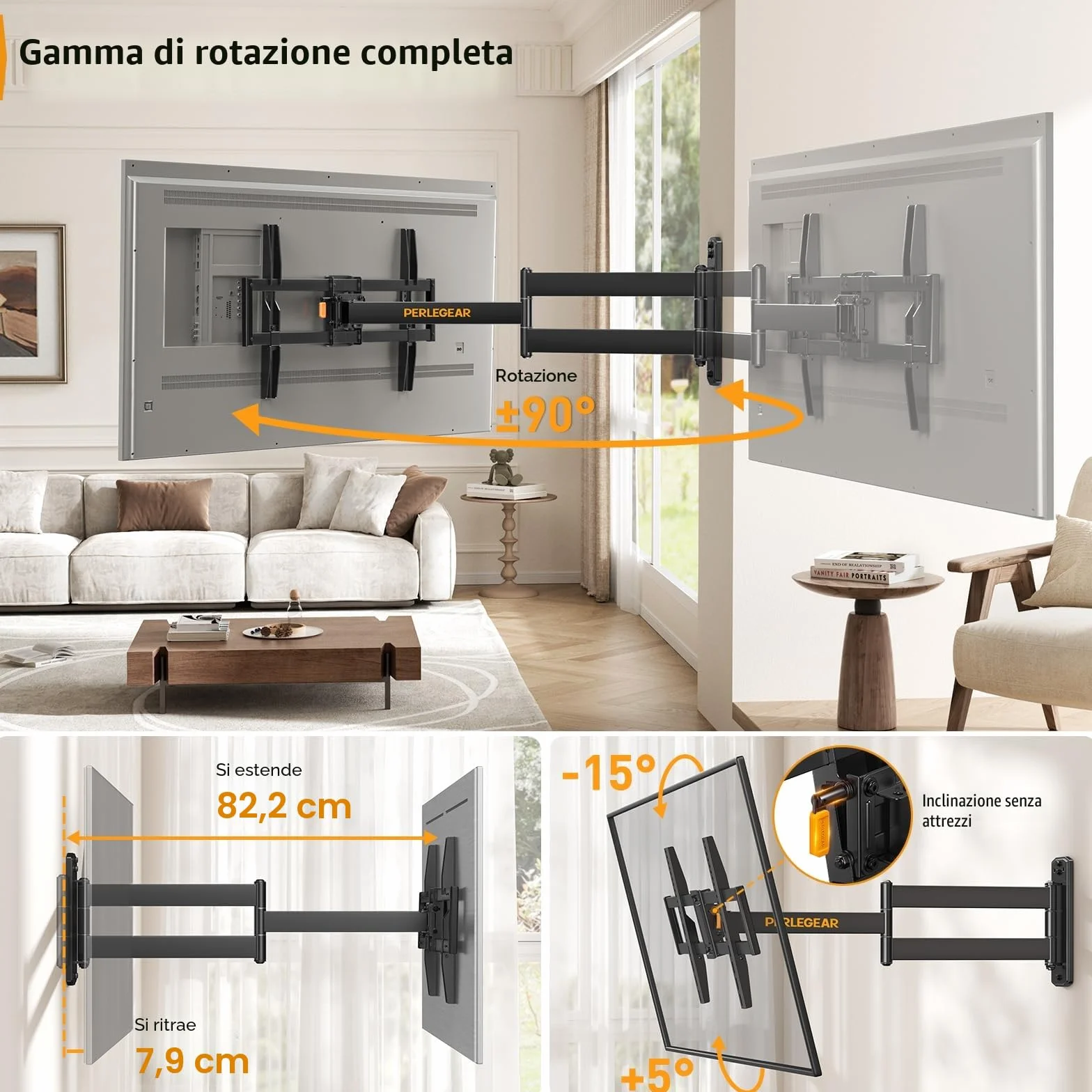 Perlegear Supporto TV Parete Braccio Extra Lungo 822mm 32-75 Pollici 45 kg Girevole Inclinabile Orientabile VESA 600x400mm