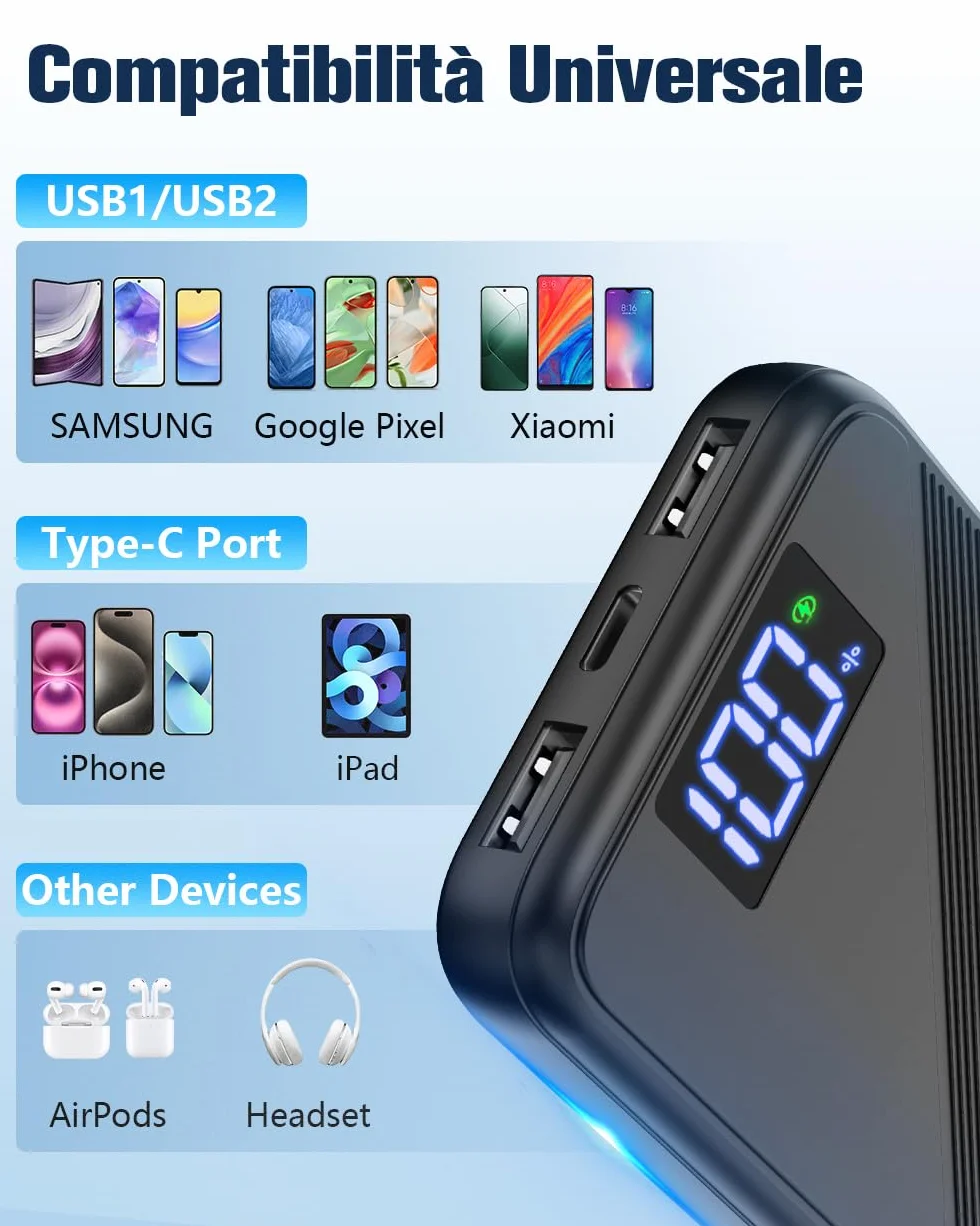 Power Bank 10000mAh PD 22.5W Ricarica Rapida USB C LED Display Portatile per iPhone Samsung Xiaomi
