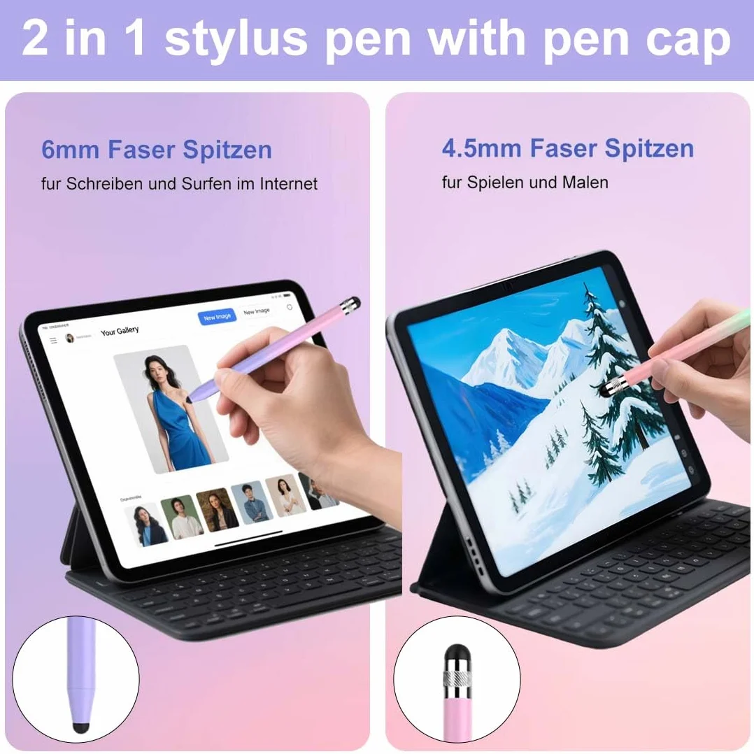 Penna per Tablet 2 in 1, 2 Pezzi, Verde Sfumato Rosa + Viola Sfumato Rosa, Touchscreen
