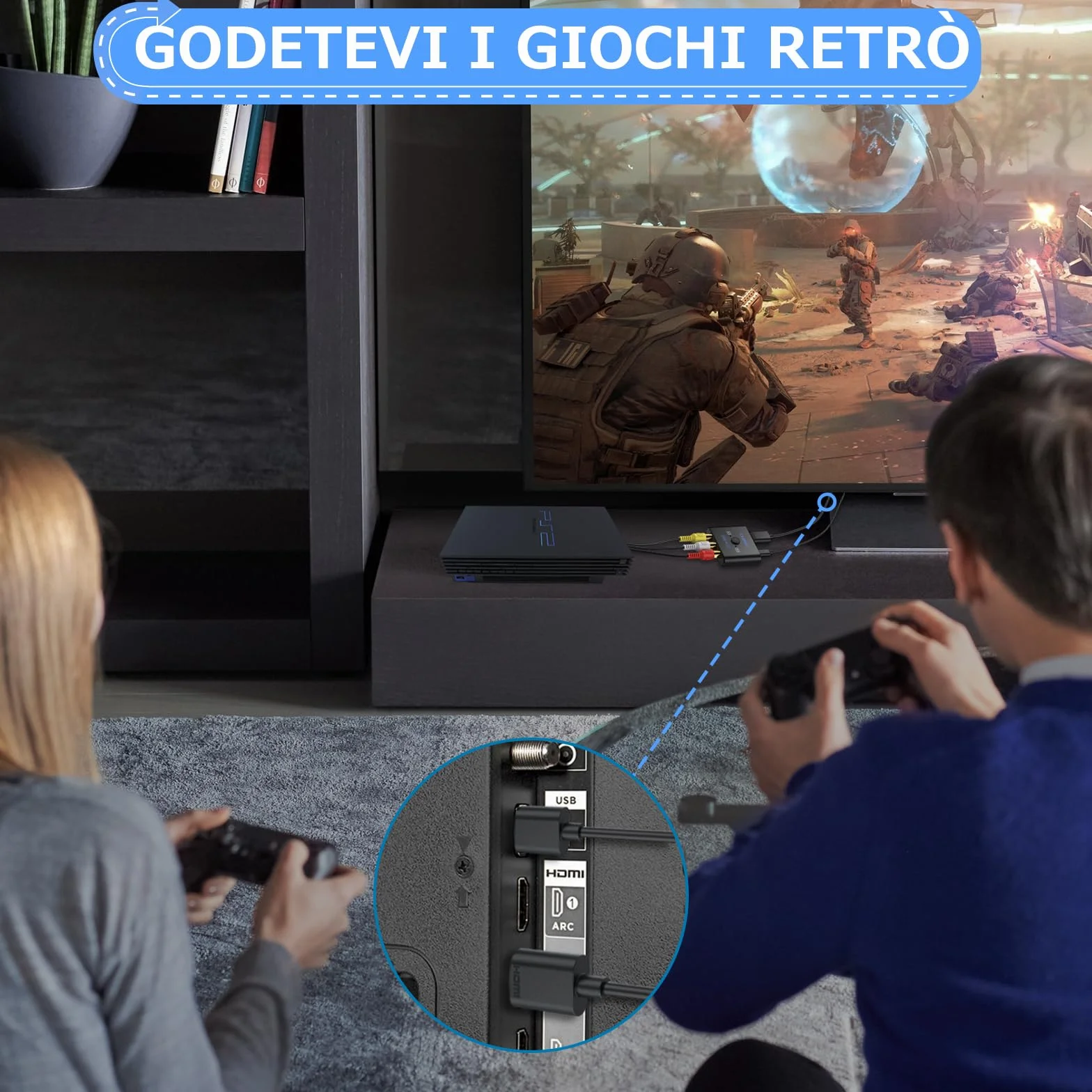 CAMWAY Convertitore AV a HDMI, Supporta 16:9/4:3, Adattatore con Cavo HDMI 50cm, PAL/NTSC per Wii/PS1/PS2/N64/Xbox
