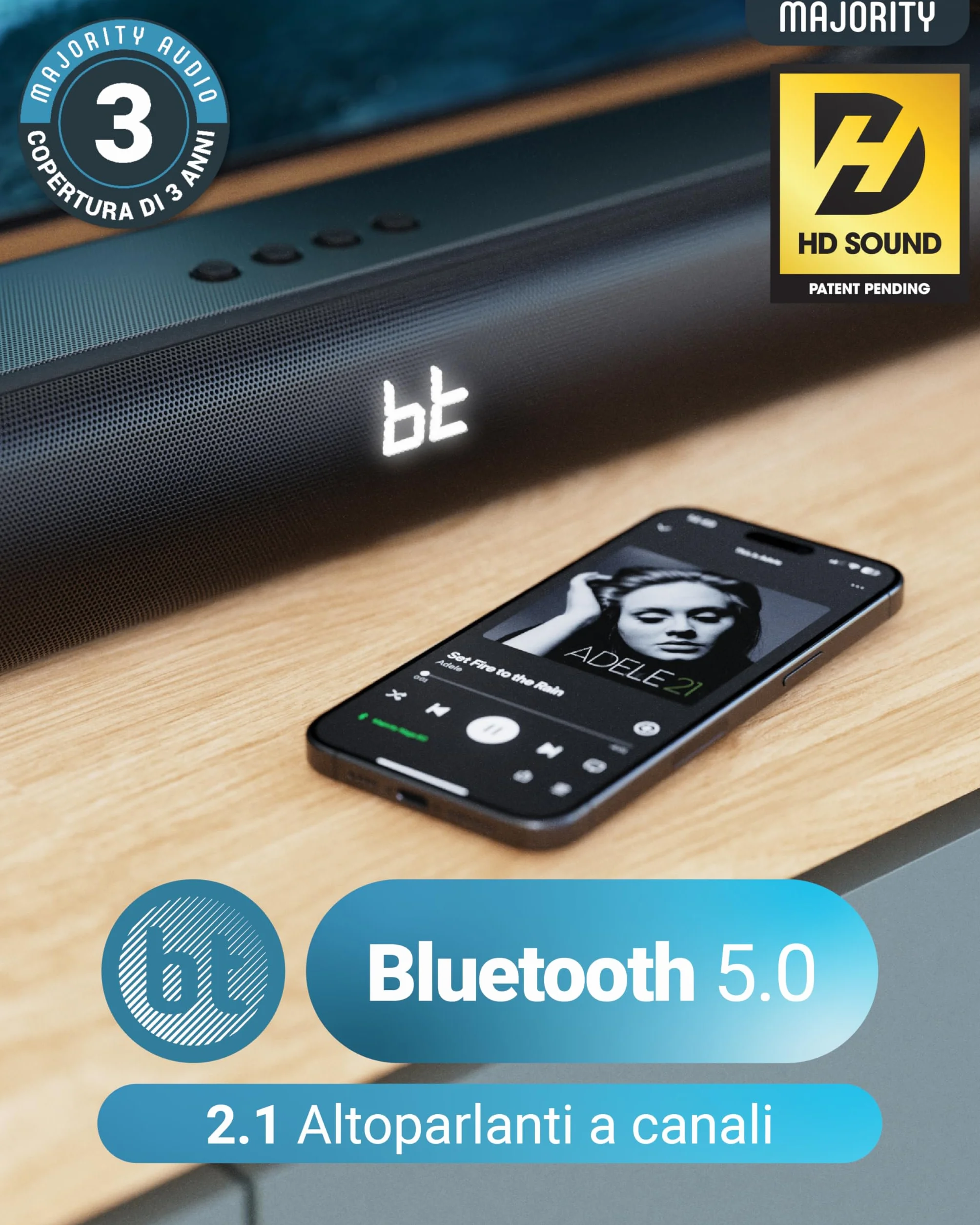 Majority 120W Barra Soundbar TV Sound Bar con Bluetooth 24" 2.1 Ottico AUX HDMI Home Theater Montabile a Parete