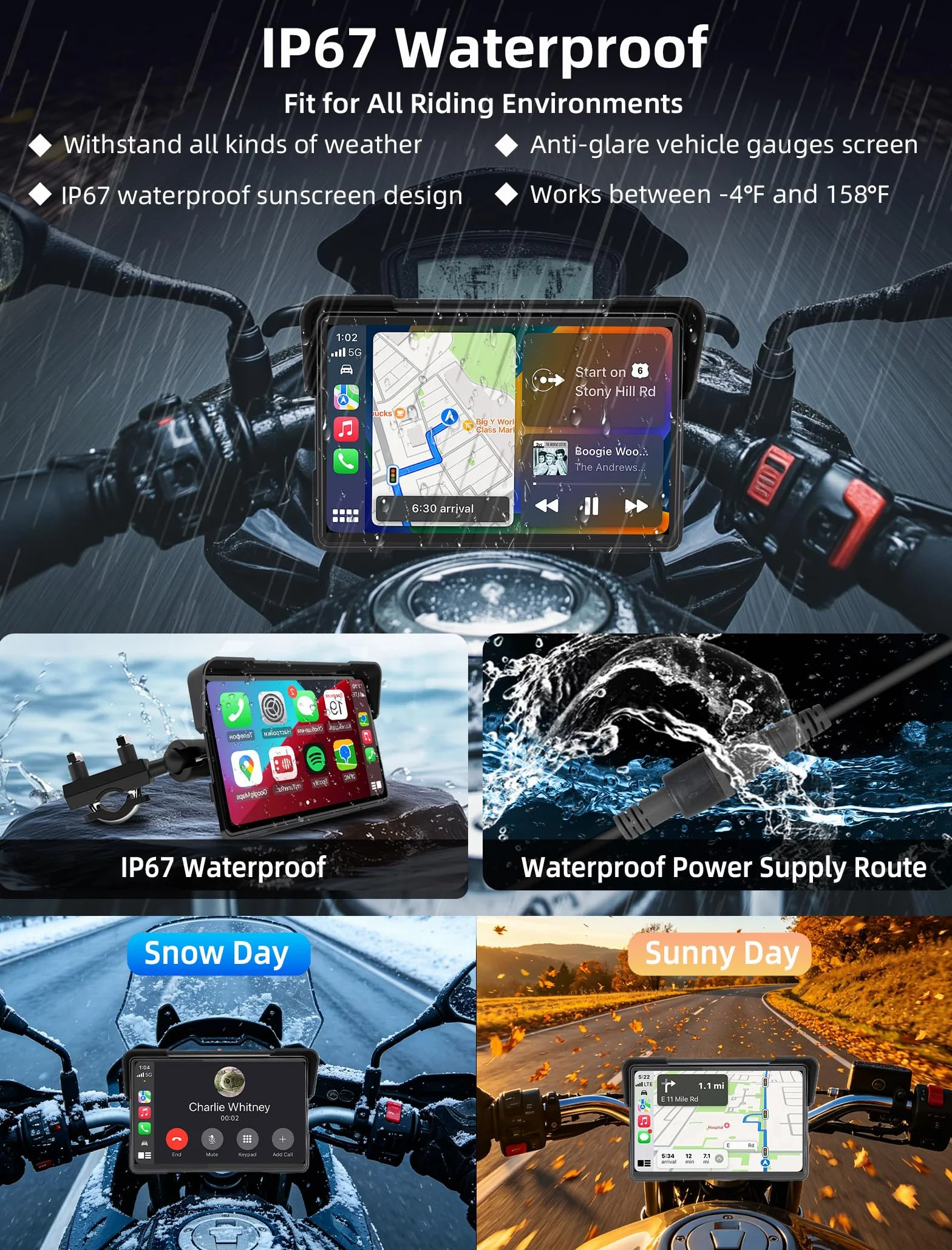 Jansite Carplay Moto da 7 Pollici Navigatore Andrpid Auto Display Impermeabile IPS 2.5D Bluetooth Siri/Assistente Google