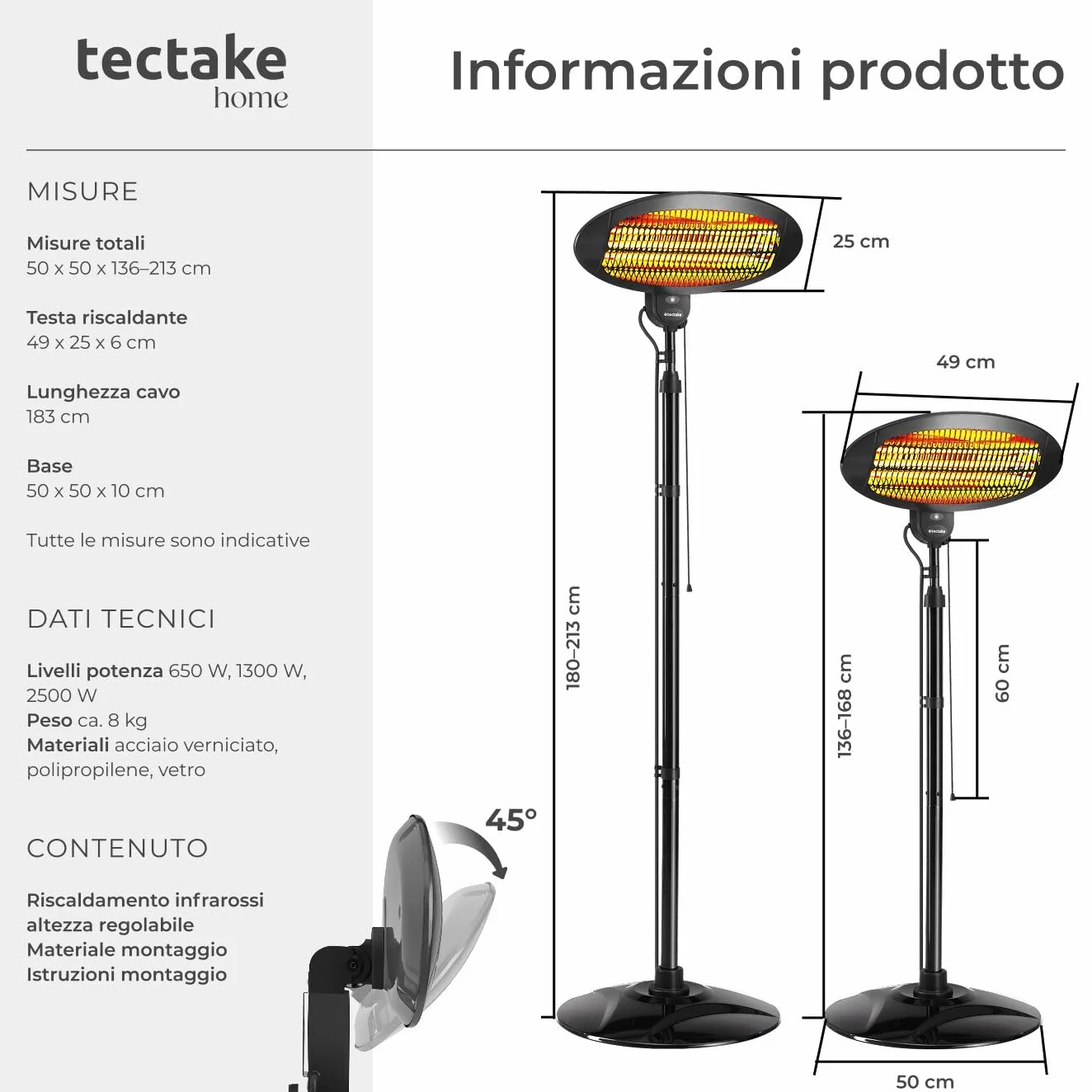 Tectake Riscaldatore a Infrarossi 2000W Lampada Regolabile 3 Livelli Potenza Protezione Anti-Ribaltamento Nero