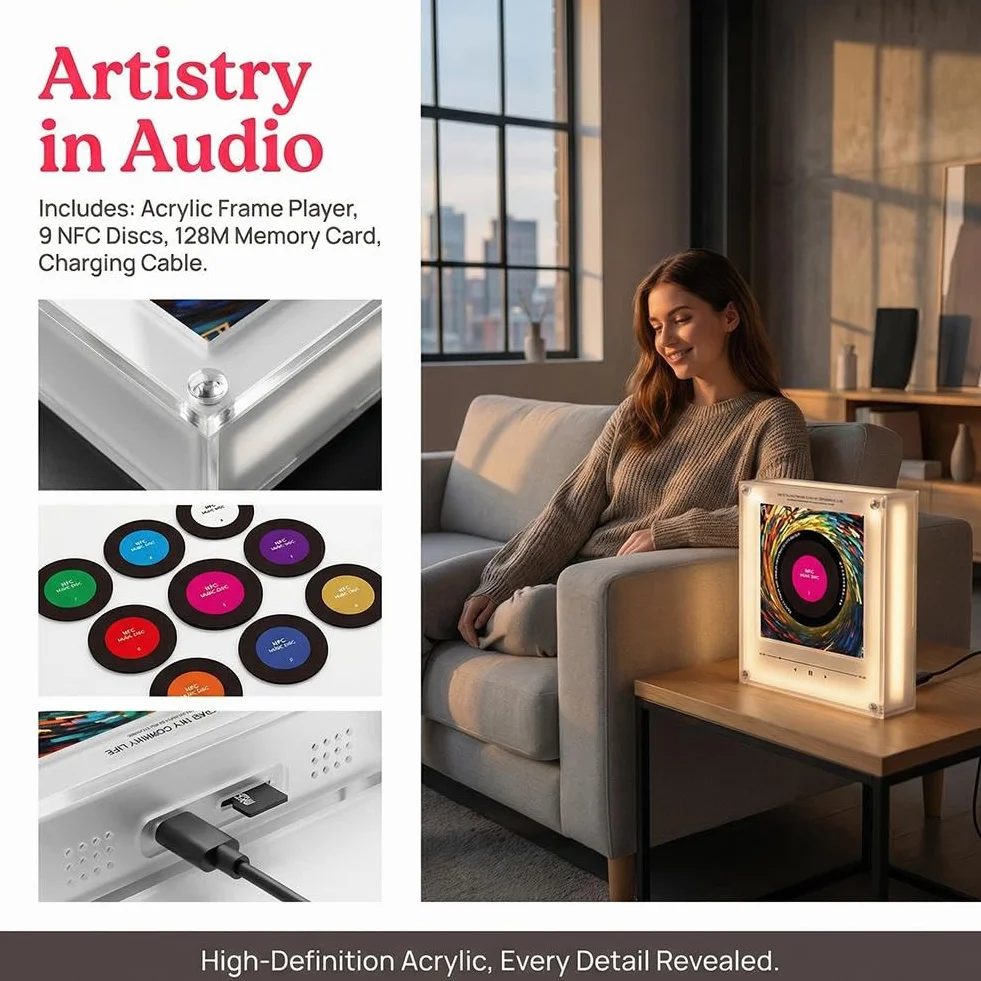 Lettore musicale NFC acrilico cornice 20,1 cm LED integrato 9 dischi scheda memoria cavo dati arredamento moderno