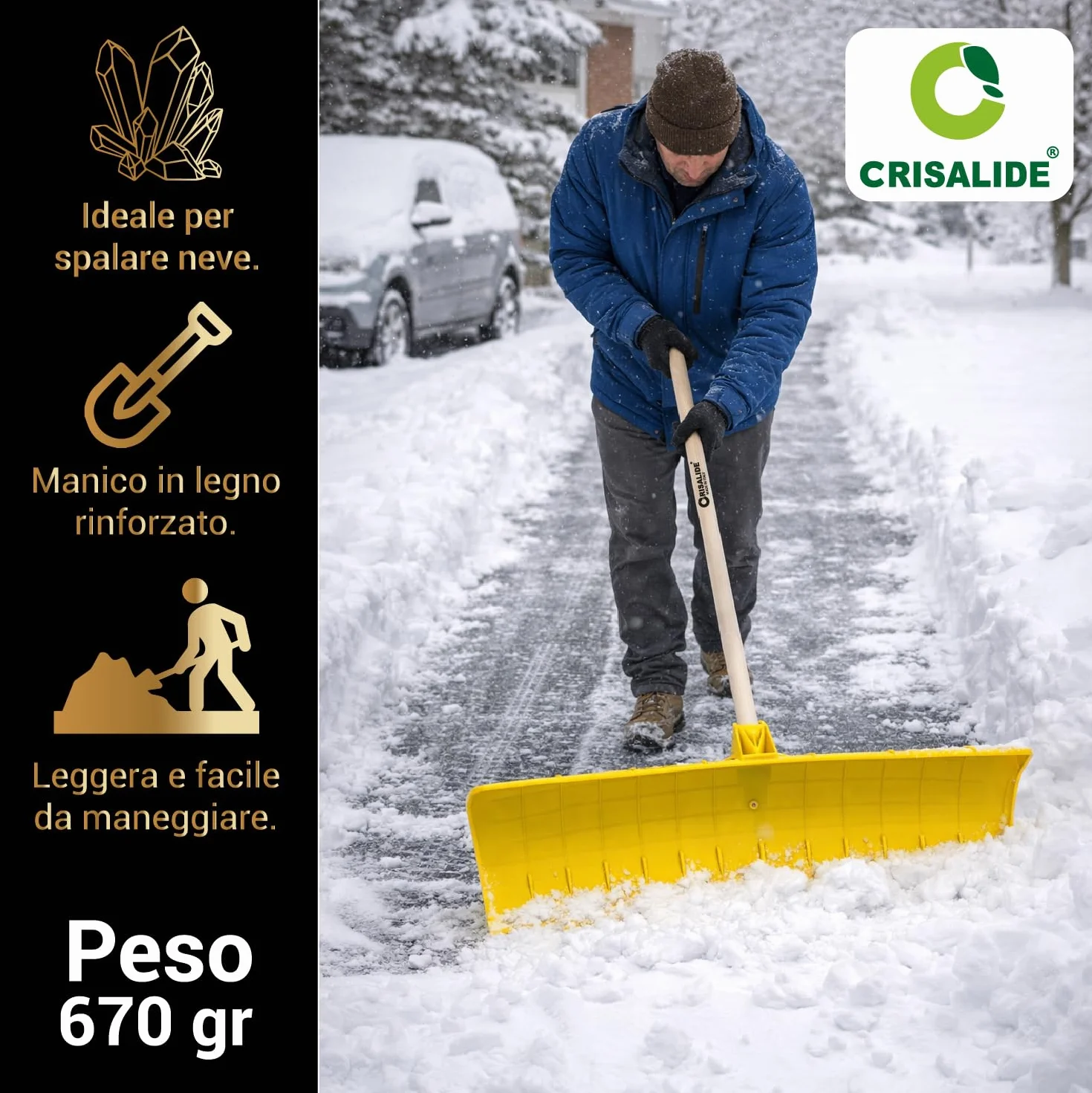 Crisalide® - Pala da Neve con Manico 130 cm in Legno di Faggio – Spingi Neve Multiuso 61 cm in Polipropilene PP, Peso 670 g – Pala Spingineve per Neve, Cereali, Ghiaia e Fango per Vialetti Cortili