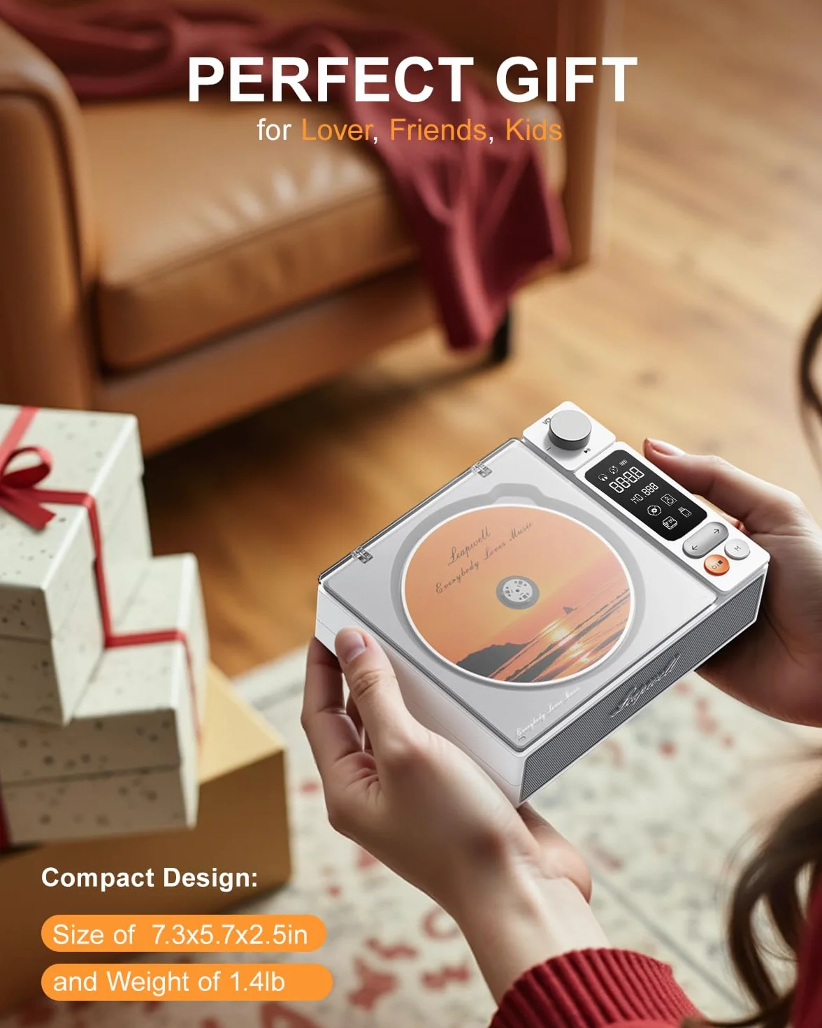 Lettore CD Portatile Leapwell Bluetooth Altoparlanti HiFi Interni Retrò Audio Compatto Ricaricabile Schermo LCD Radio Cuffie AUX USB Ottico Bianco
