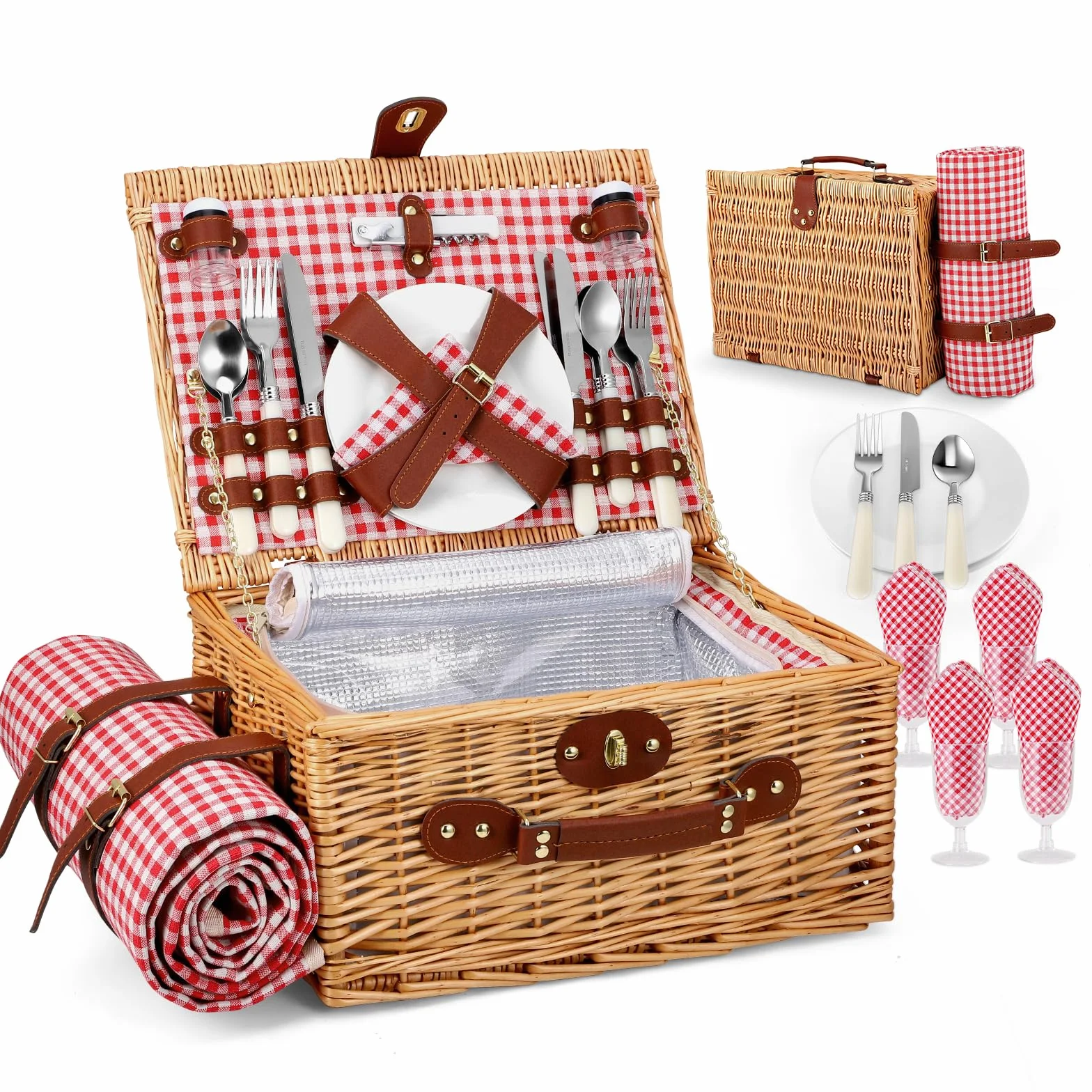 Wicker Picnic Basket Cestino da Picnic in Vimini per 4 Persone, cesto intrecciato con isolamento integrato e telo impermeabile,set completo con 4 posate, piatti, bicchieri per campeggio giardino BBQ