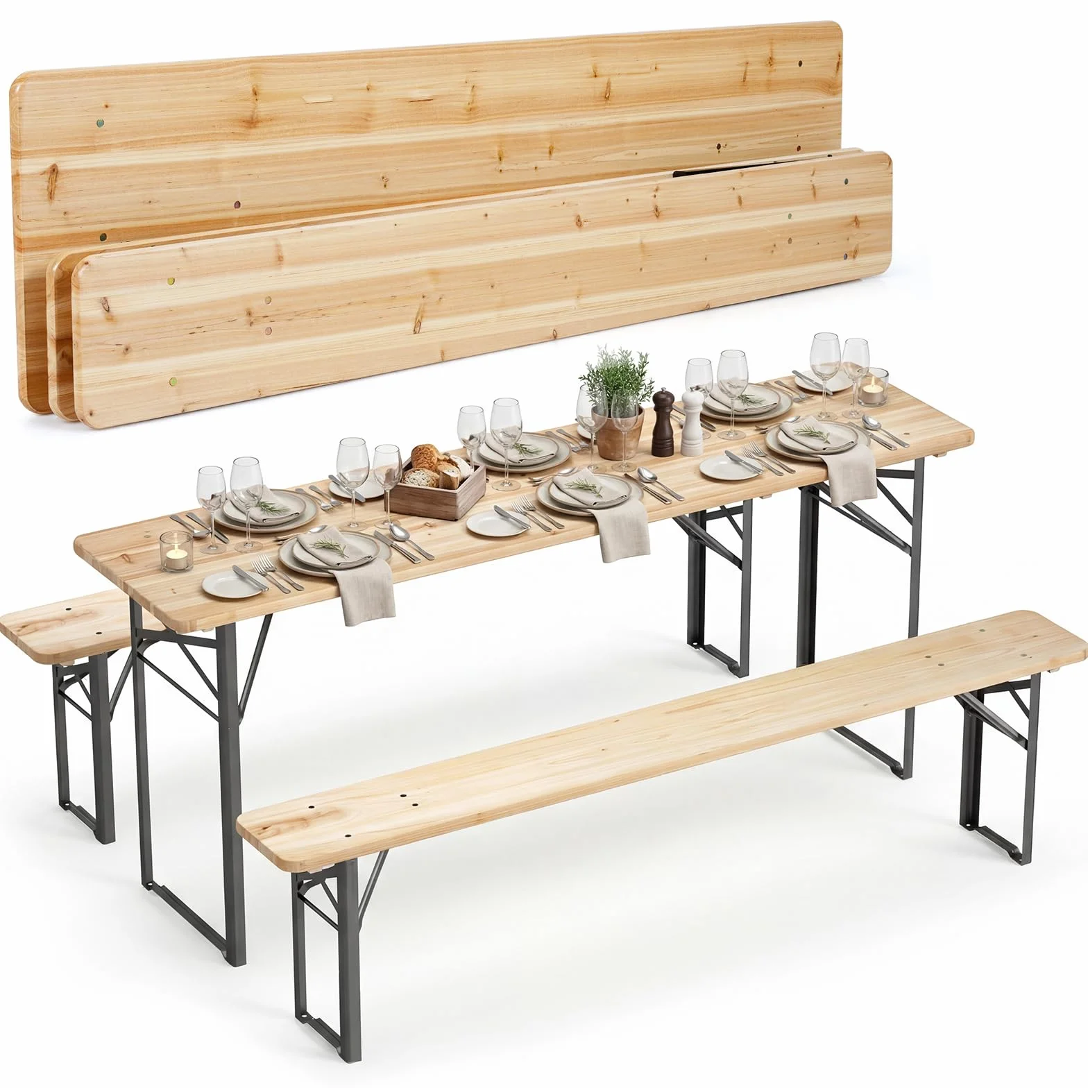 COSTWAY Set 3 Pezzi da Birreria Pieghevole, Tavolo e 2 Panche, Senza Montaggio, in Legno Massiccio e Metallo, per Giardino Campeggio Cortile (177 x 46 cm)
