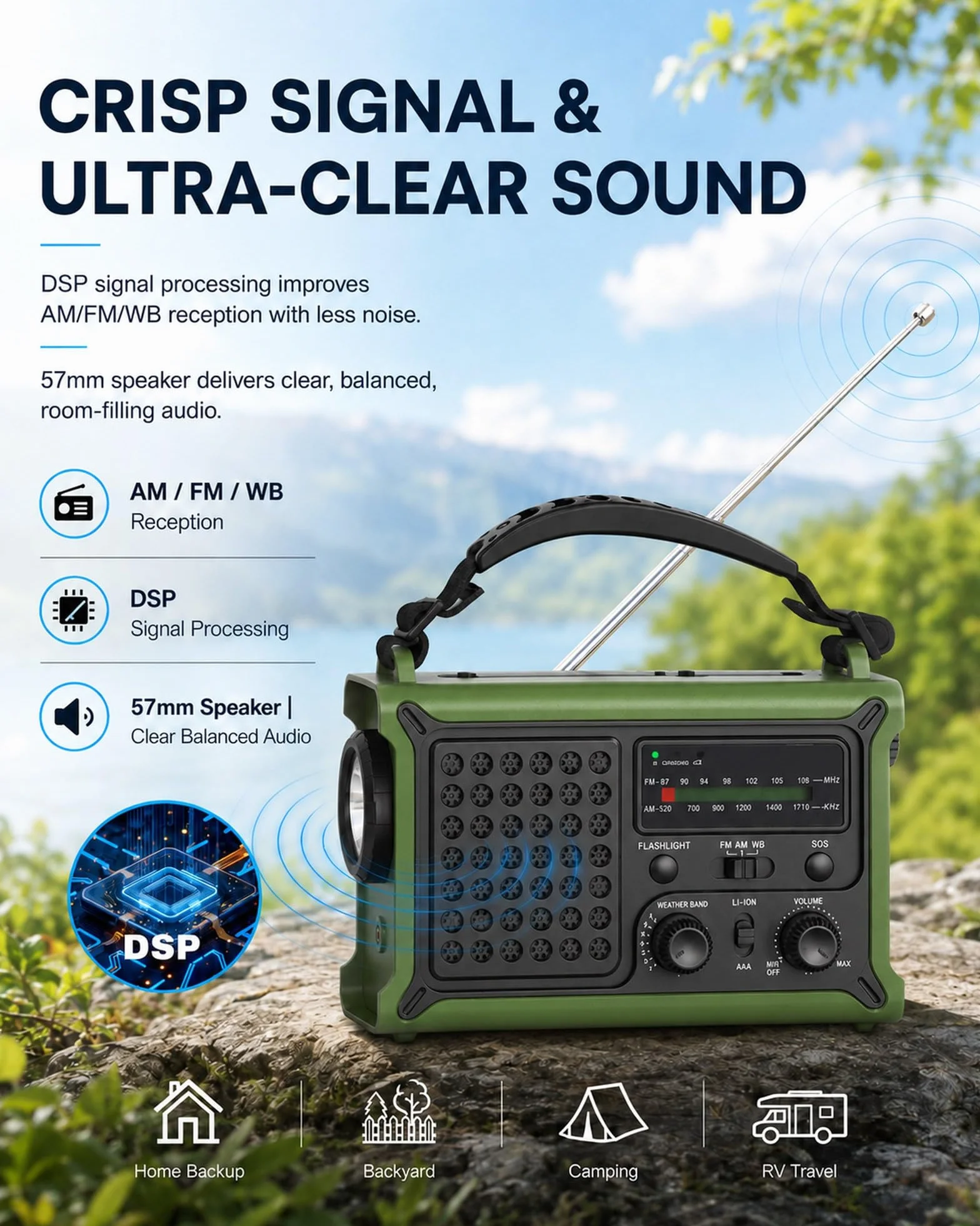Radio meteorologica di emergenza AM/FM/NOAA solare manovella LED torcia USB SOS