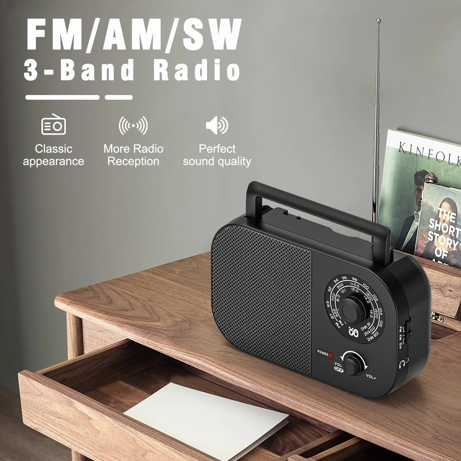 Radio Portatile AM FM SW con Alimentazione a Rete e Batteria, Altoparlante Integrato - Nero
