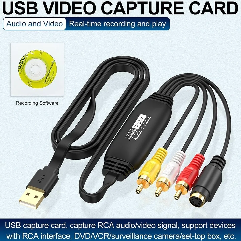 Scheda di acquisizione video USB CVBS convertitore digitale per videoregistratore VHS 720P S-Video USB 2.0 adattatore nero cavo 1m