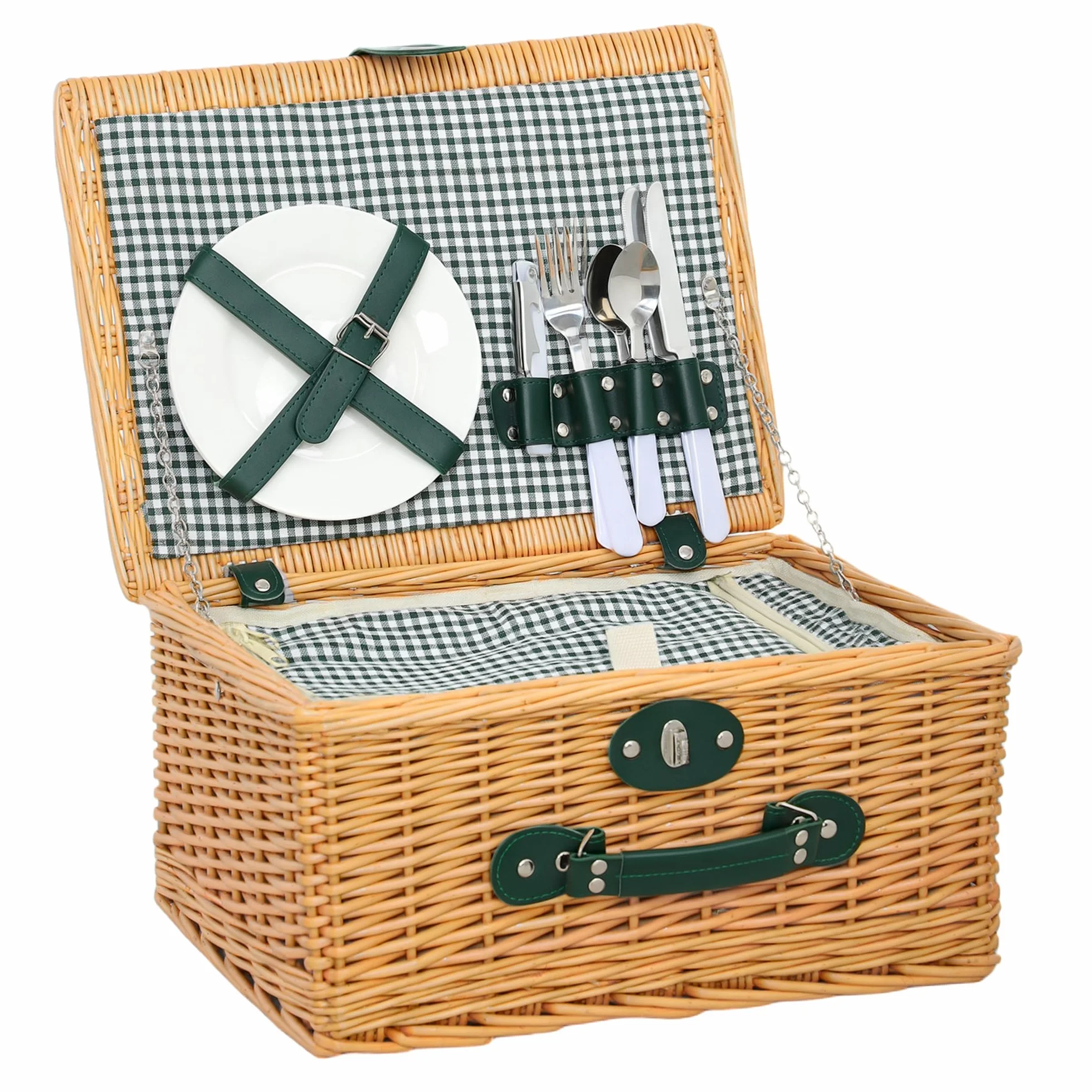 Outsunny Cestino da Picnic in Vimini per 2 Persone con Area Frigo, Cesto Picnic con 2 Piatti, 6 Posate, 2 Bicchieri e Cavatappi, 40x30x20 cm, Marrone Chiaro