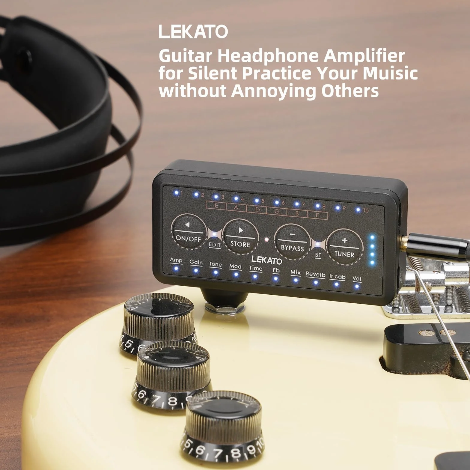 LEKATO Guitar Headphone Amp Mini Amplificatore per Chitarra con 10 Preset, 10 Modelli, 10 IR, Accordatore, Bluetooth, Multi Effetti
