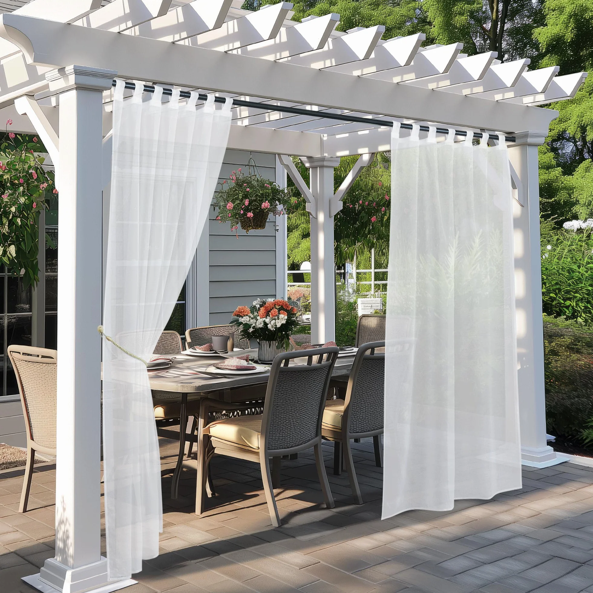 PONY DANCE Tende per Esterno con Passanti Adesivi Tende Bianche Trasparenti per Gazebo Impermeabile Decorazioni Voile Curtains per Gazebo e Balconi 2 Pezzi L137 x A274 CM