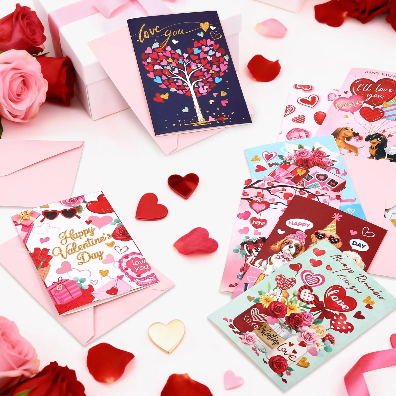48 Biglietti di San Valentino 12 Design Unici con Adesivi e Buste Rosa 4x6in Cartolina per Marito Moglie Famiglia