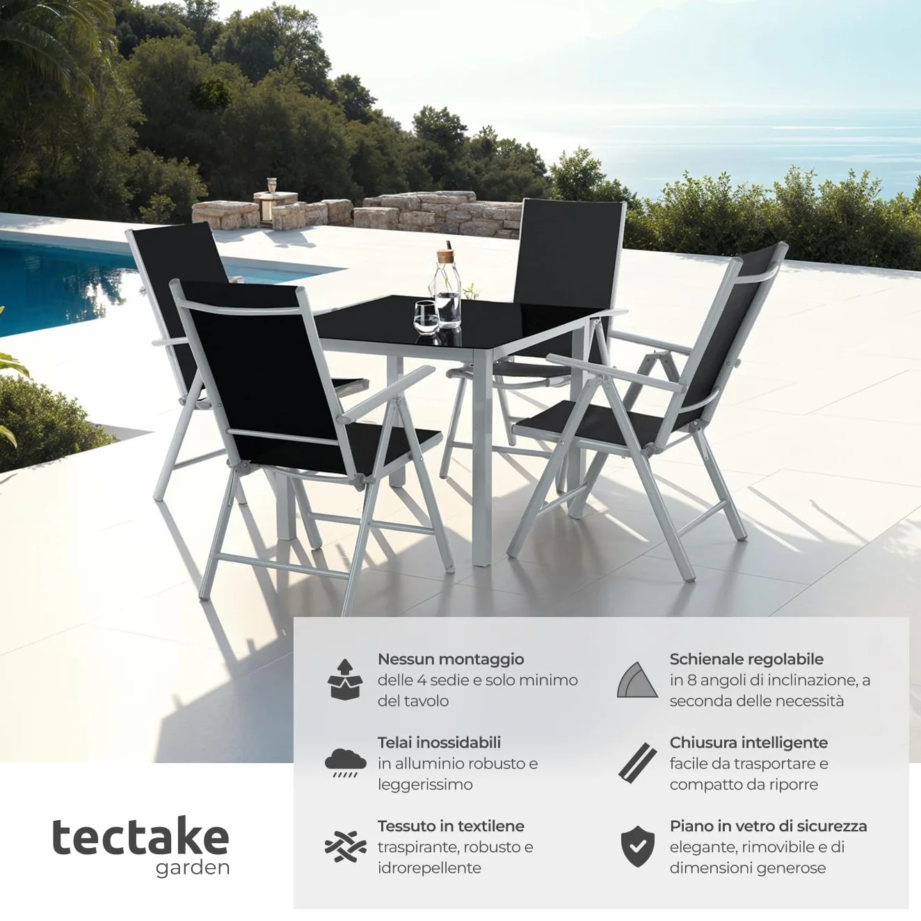 tectake® Set Tavolo da Esterno con Sedie, Telaio Alluminio, 1 Tavolo da Giardino Piano in Vetro, 4 Sedie Pieghevoli, Schienale Reclinabile 8 Posizioni, Set Resistente alle Intemperie - Grigio/Argento