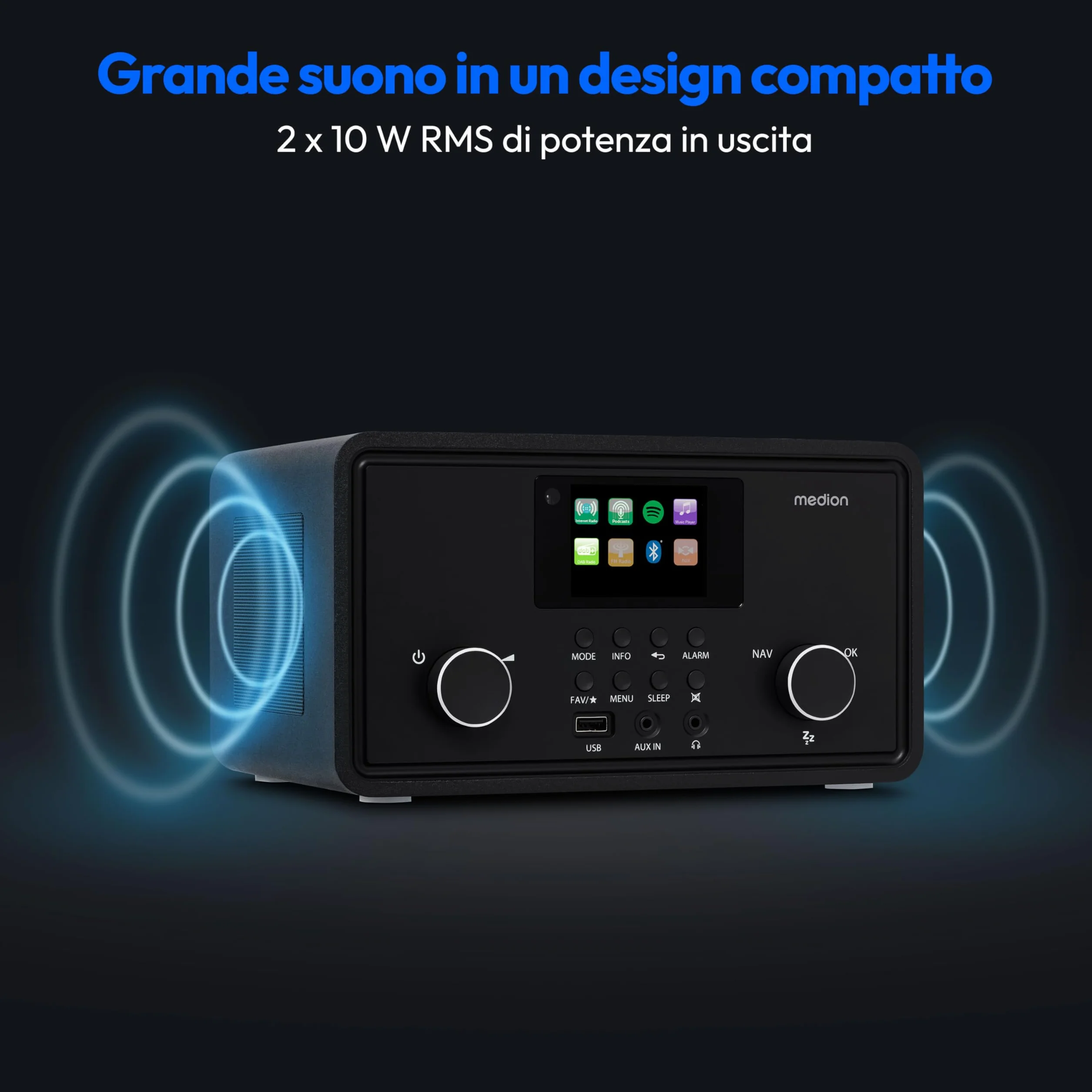 MEDION P85027 Internet radio DAB Plus FM Spotify Connect WLAN Bluetooth streaming equalizzatore display a colori USB AUX sveglia snooze sleep timer nero