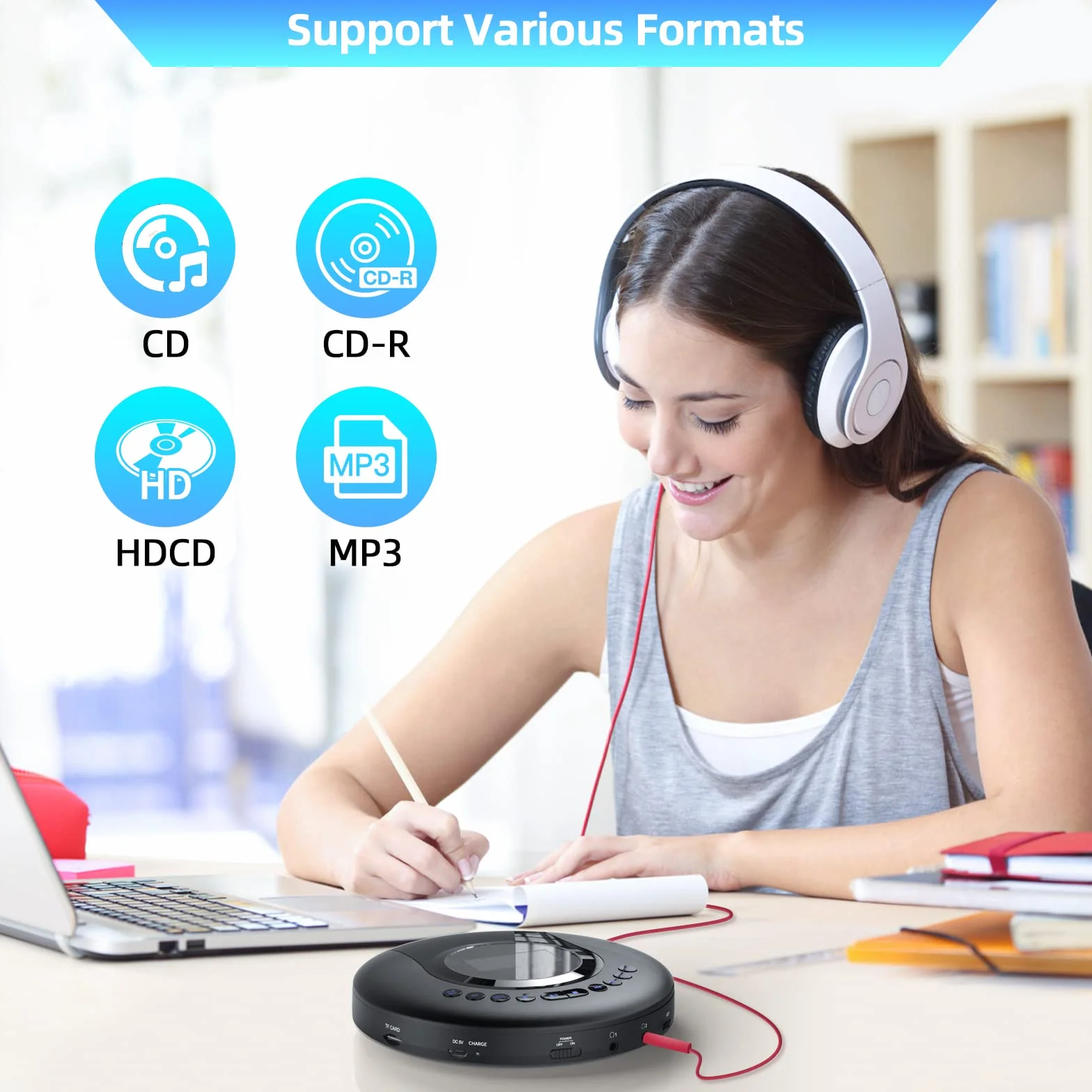 Arafuna Lettore CD portatile Bluetooth, Discman ricaricabile 2000 mAh schermo LCD, protezione antiurto FM