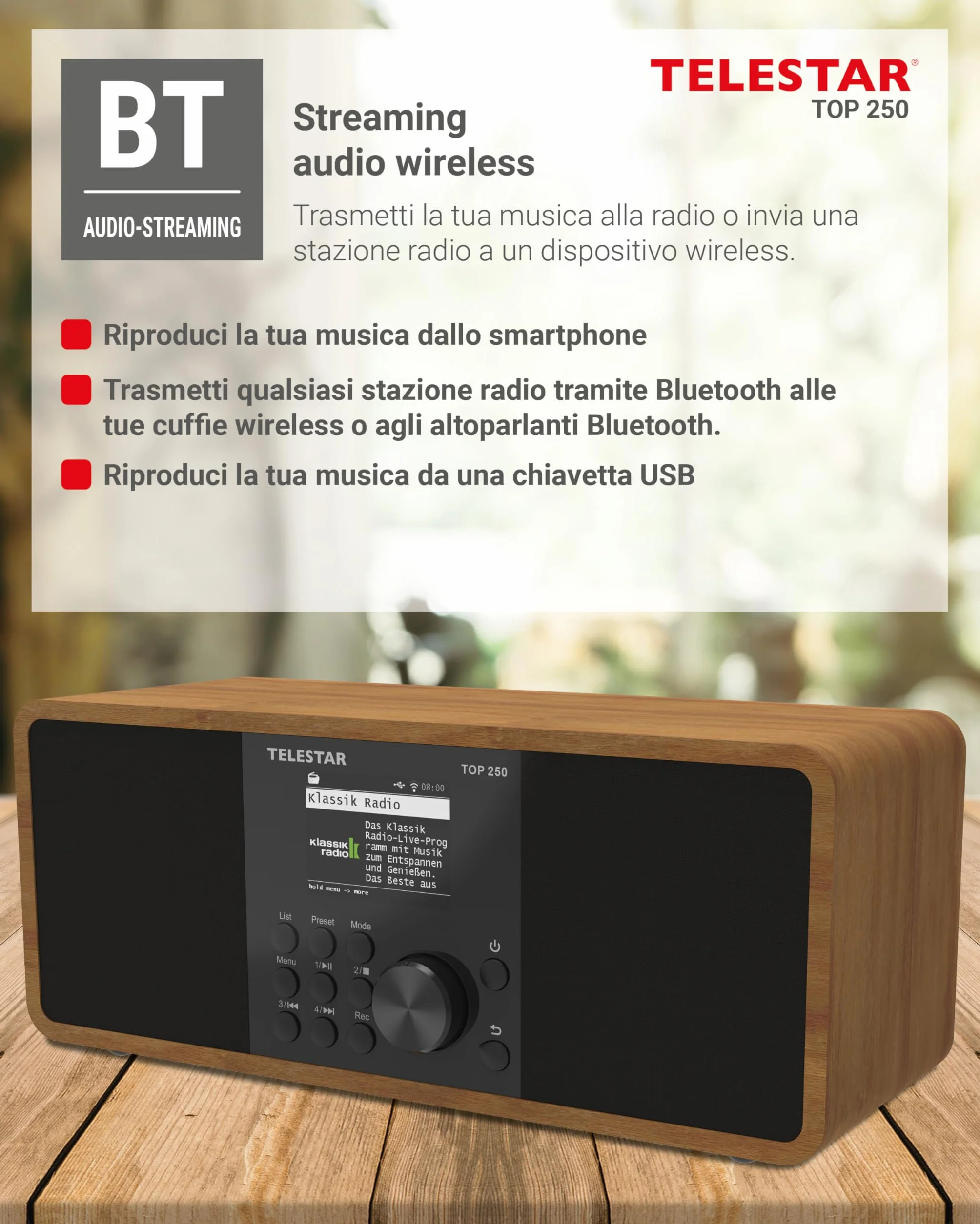 TELESTAR TOP 250 Radio DAB+ Internet Bluetooth Audio-Streaming 2x10W USB registrazione Legno