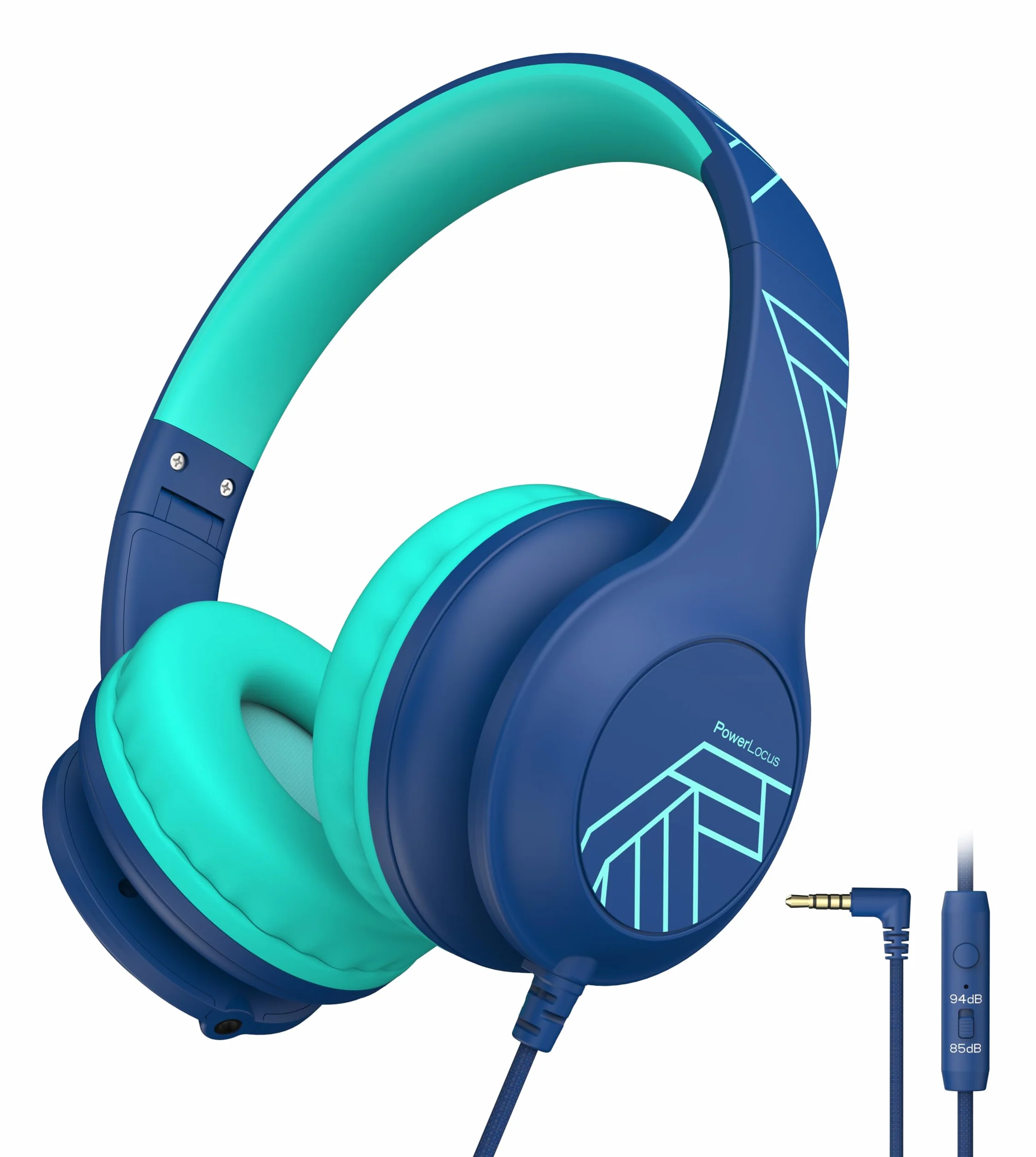 PowerLocus Cuffie per Bambini con Filo, Pieghevoli, Limitazione Volume 85/94dB, 3.5mm Jack, Microfono, Hi-Fi Stereo per Telefono/Viaggio/PC (Blu)