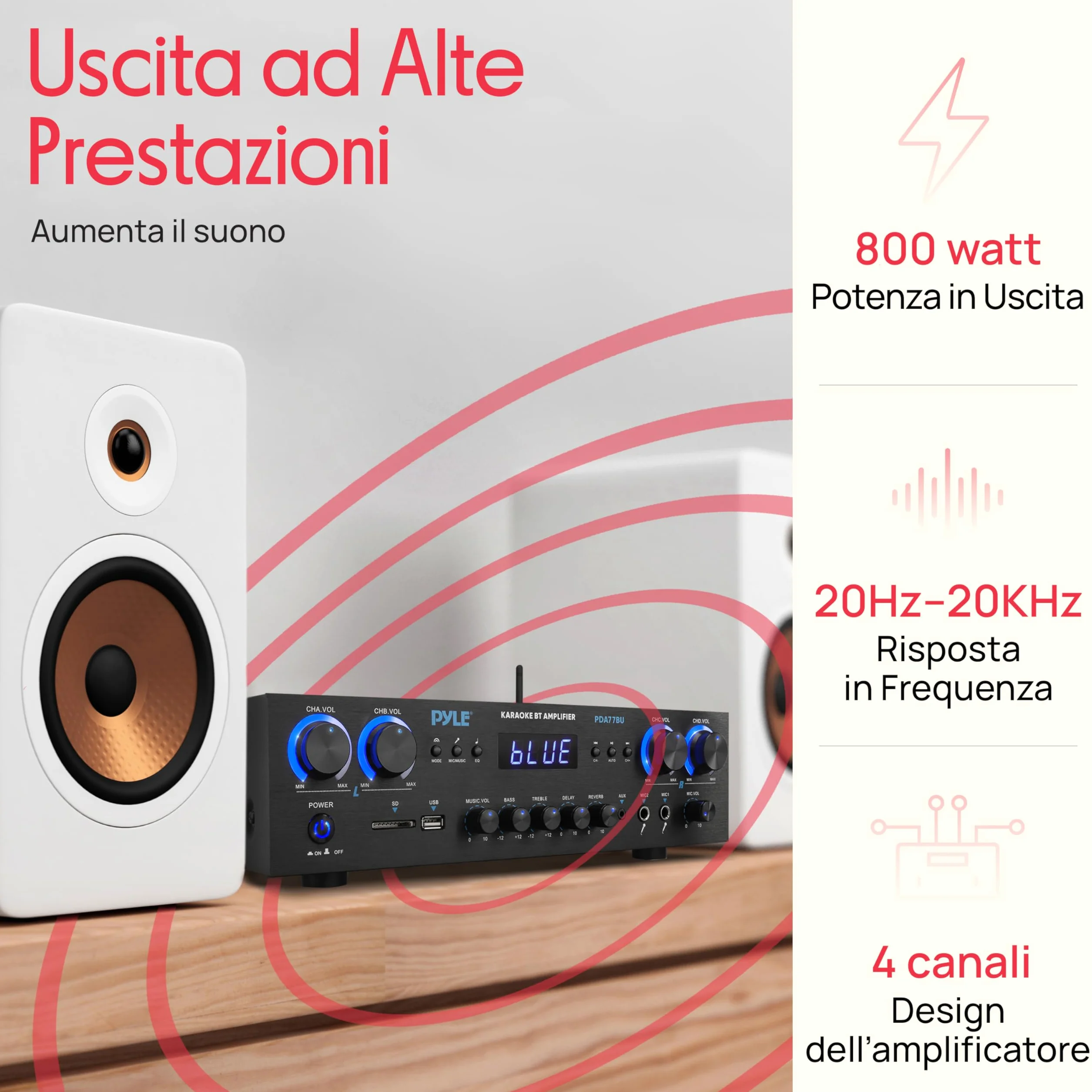 Pyle Amplificatore Audio 4 Canali Bluetooth 800 Watt Picco Home Theater Karaoke
