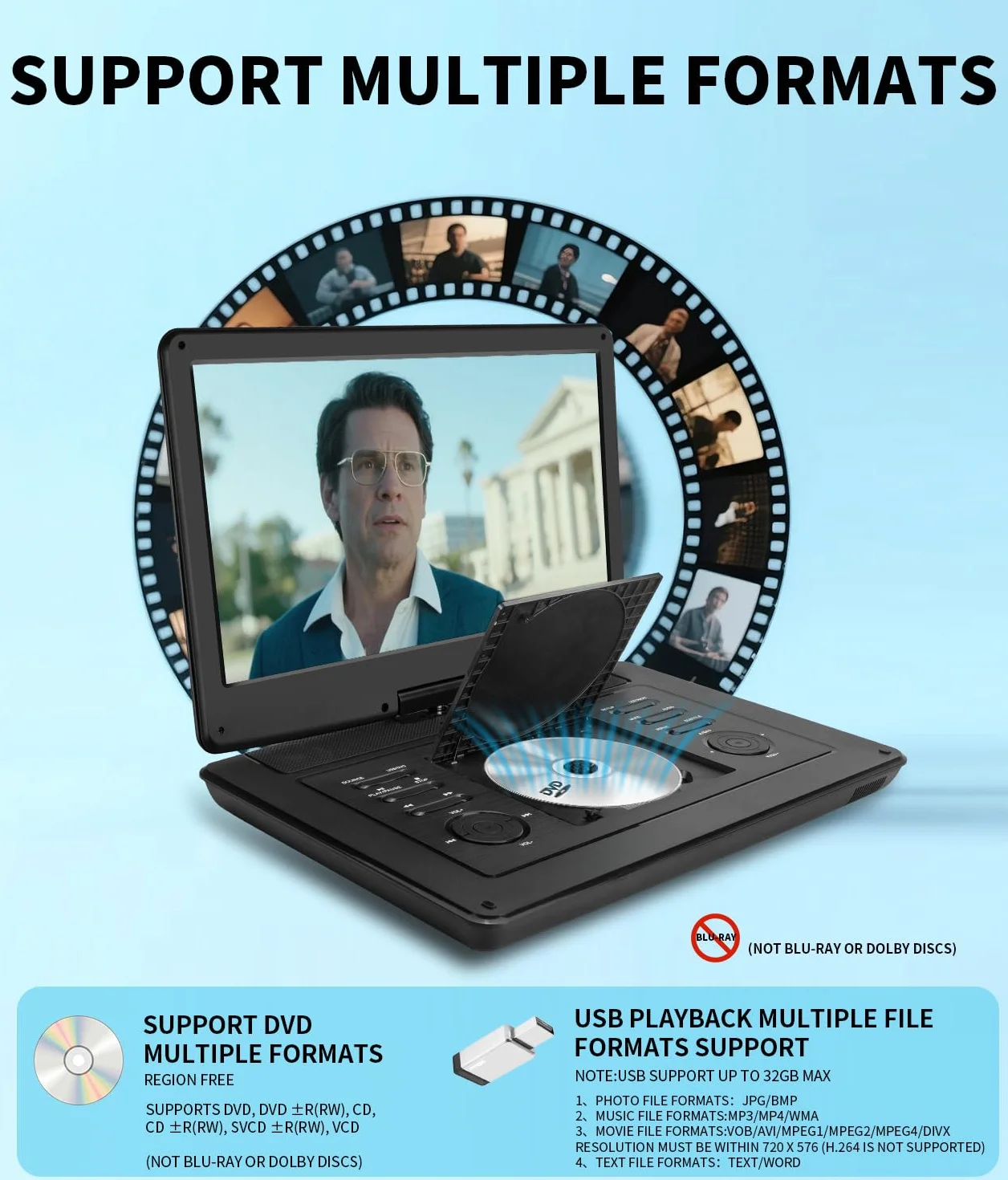 Lettore DVD portatile 15,6 pollici KCR DVB-T2 USB HDMI AV Audio
