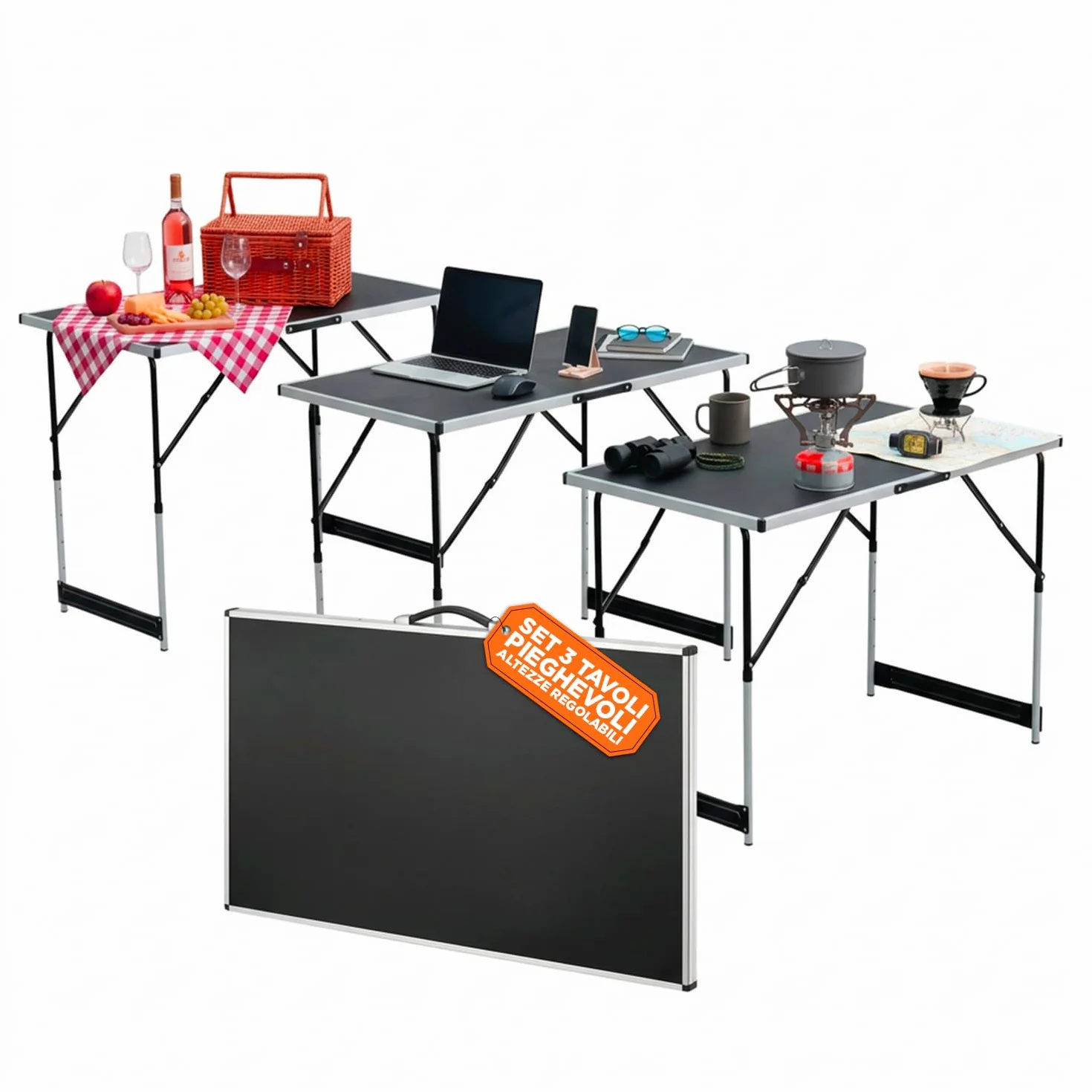 Tavolo Pieghevole Set da 3 con 4 Altezze Regolabili, Struttura in Alluminio e Piano in MDF, per Campeggio, Giardino ed Eventi, Leggero, Salvaspazio e Facile da Trasportare