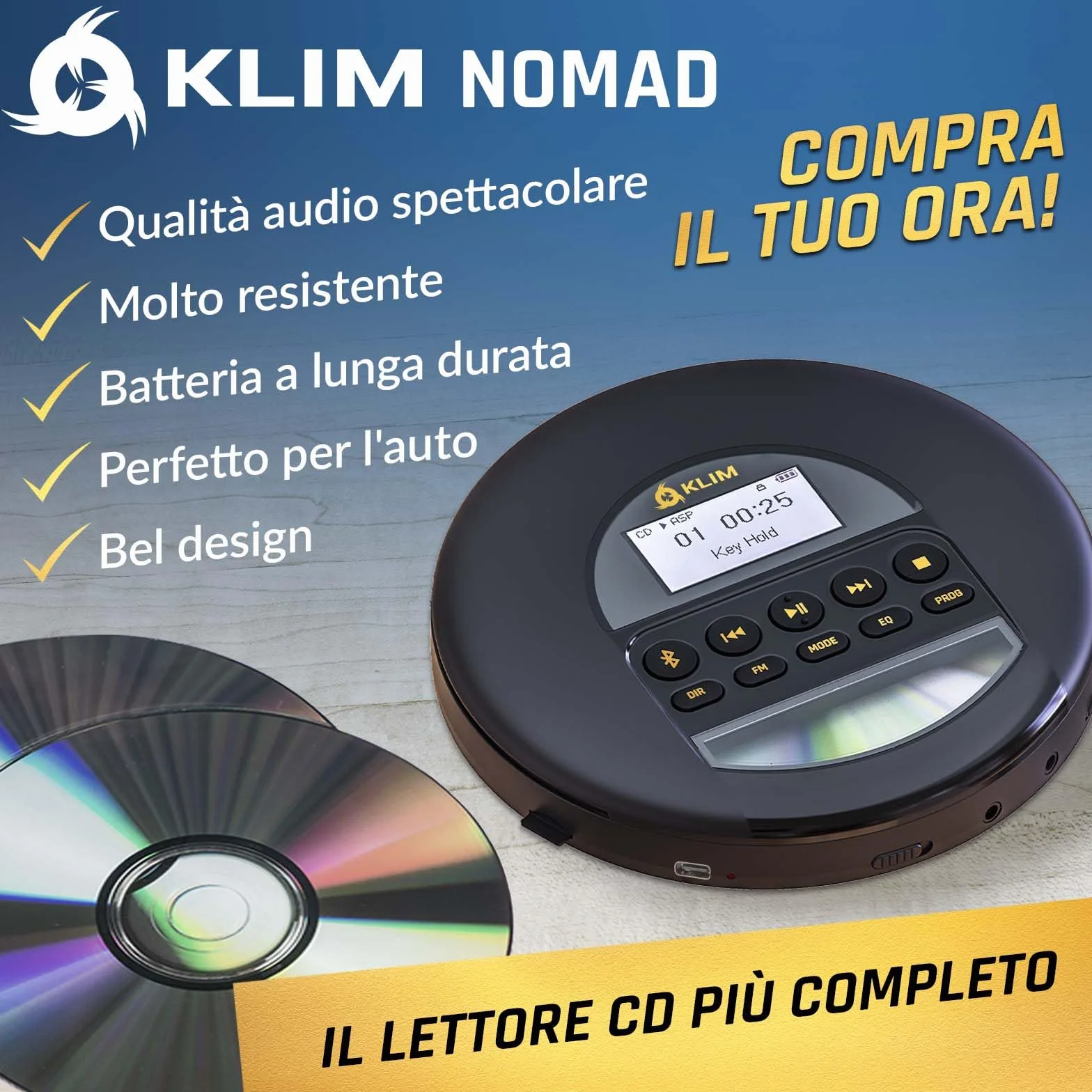 KLIM Nomad Lettore CD Portatile Bluetooth con Batteria Lunga Durata, SD, FM, Compatibile CD-R/RW MP3