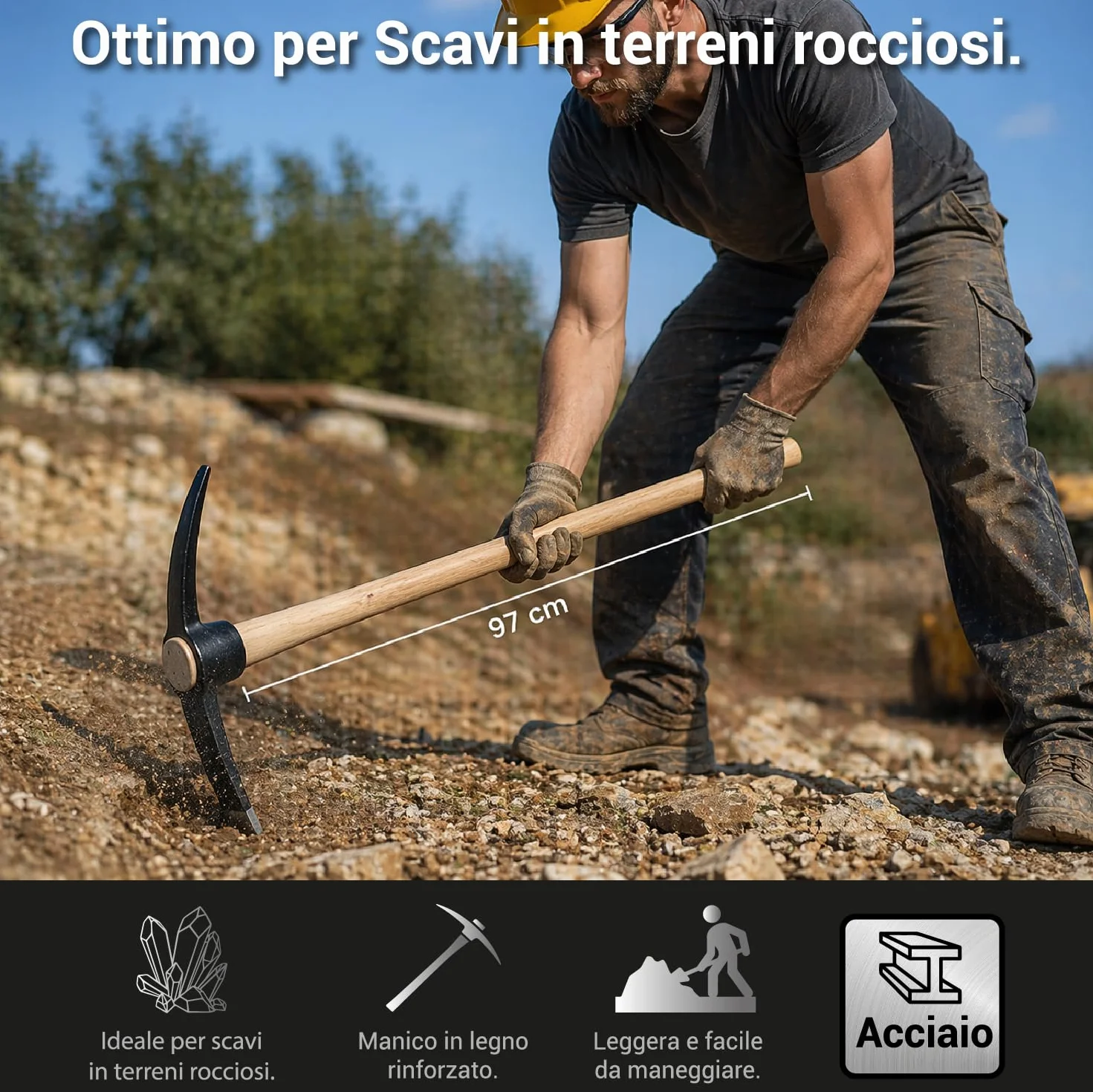Crisalide® Piccone in Acciaio Temprato 47 cm con Manico in Legno di Faggio 97 cm – Attrezzo da Scavo Robusto per Terreni Rocciosi, Superfici Dure e Lavori Agricoli Intensivi