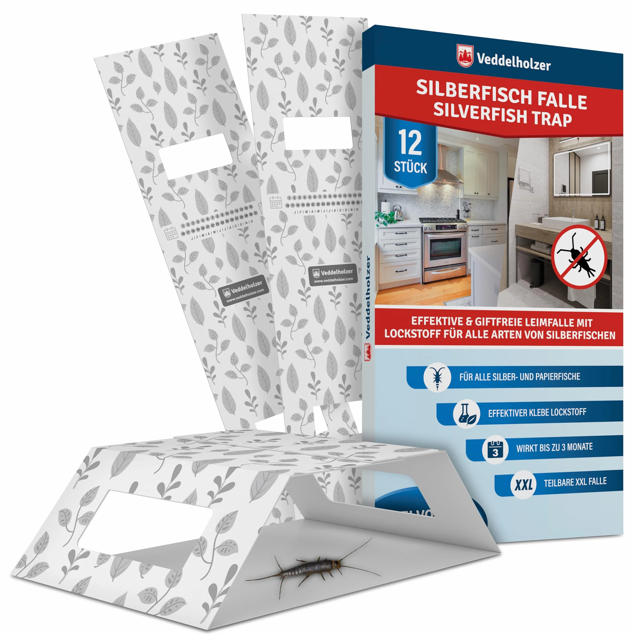 Veddelholzer XXL divisible silverfish trap with bait attractant, 12 pieces Effective sticky Traps Combat Silverfish and Paperfish Non tossico, odourless, ecologico amichevole, facile da usare