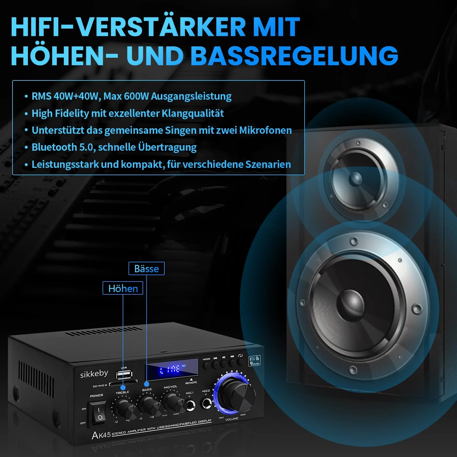 AK45 Hi-Fi Audio Amplificatore 600W 2.0CH Bluetooth 5.0 Stereo Ricevitore per Home Theater