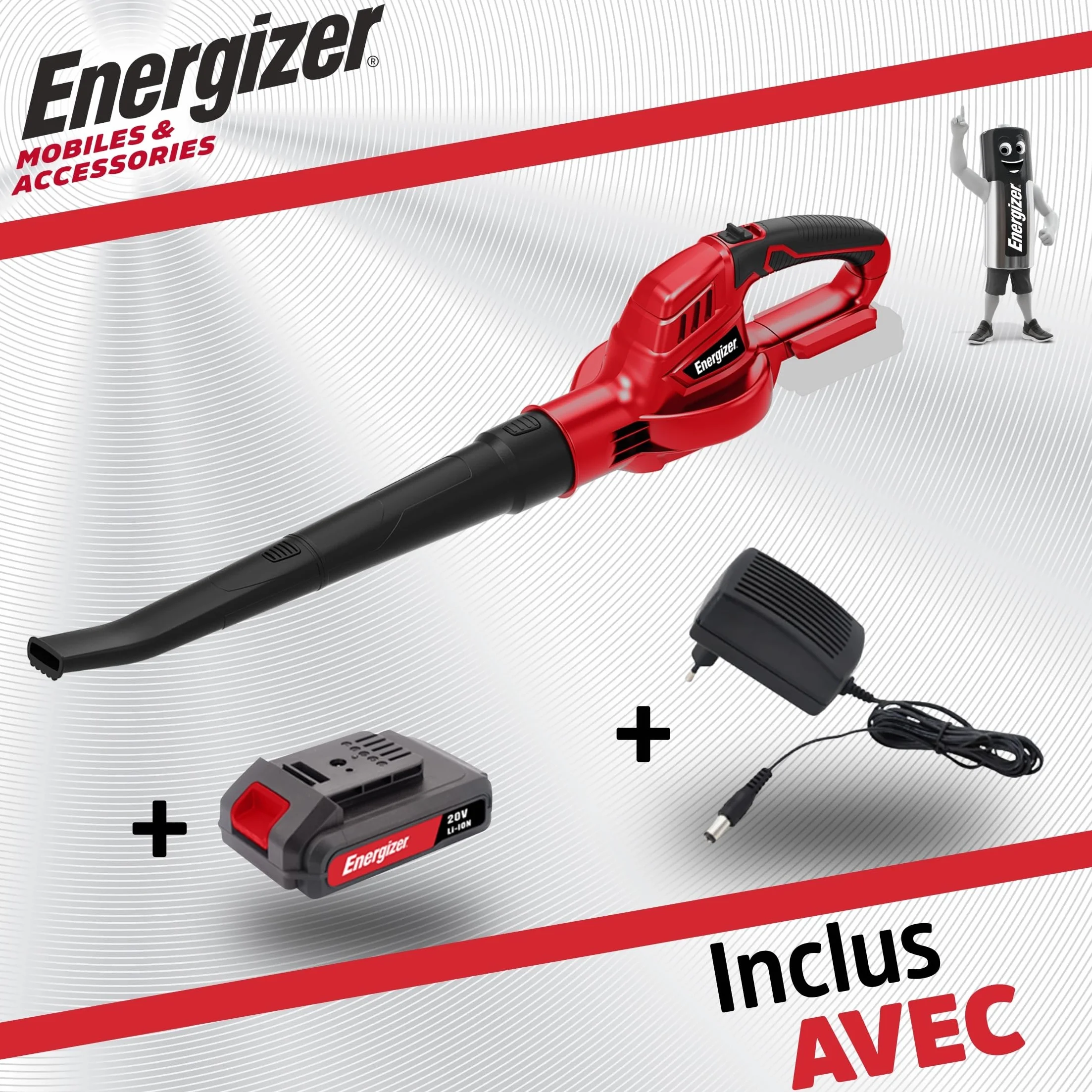 Energizer Soffiatore di foglie senza fili 20 V, velocità aria 210 km/h, portata 5000 l/min, motore 13000 RPM, leggero 1,2 kg, batteria 20 V e caricabatterie inclusi