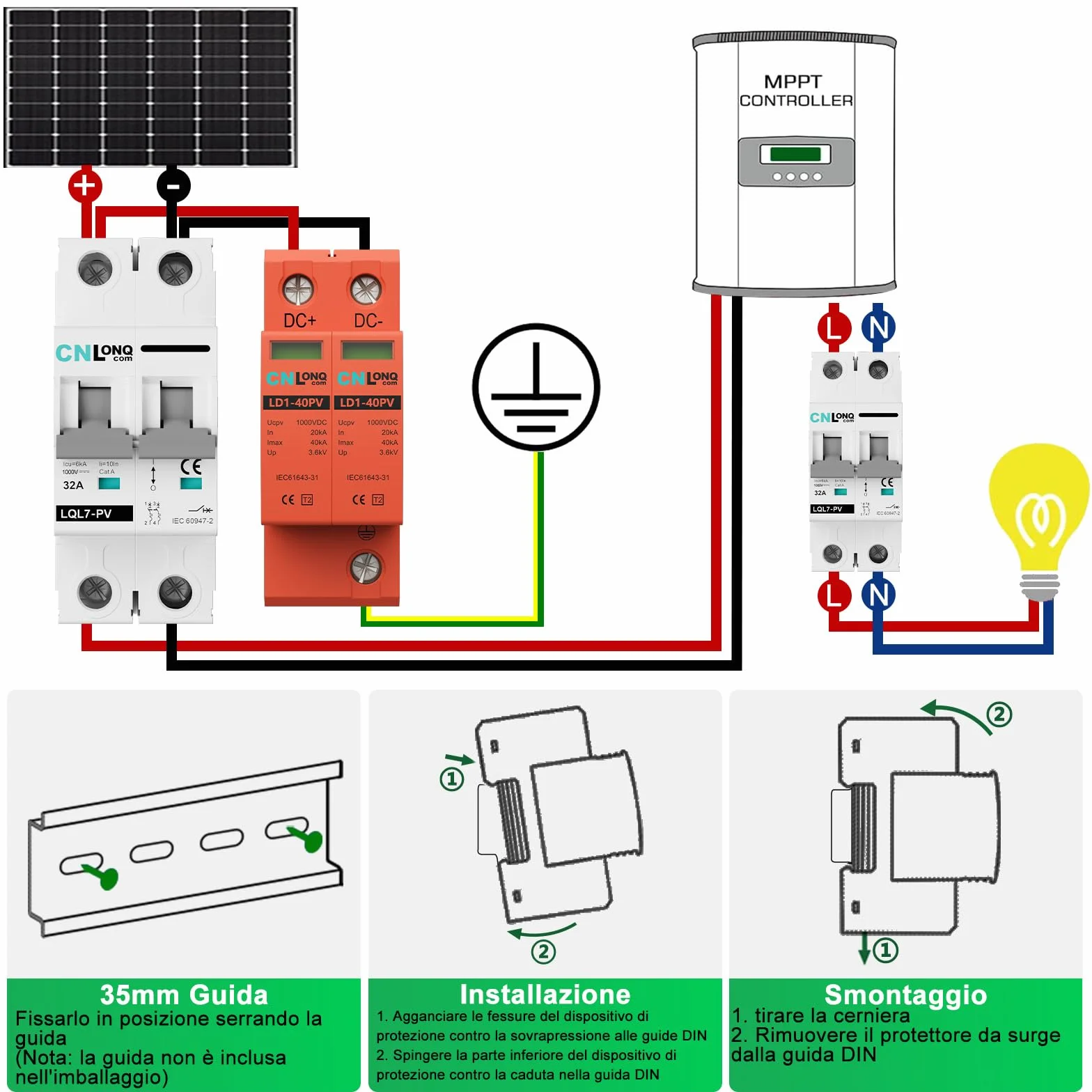 Scaricatore di Sovratensione DC1000V 20kA~40kA 2P Fotovoltaico Protezione Contro Sovratensioni