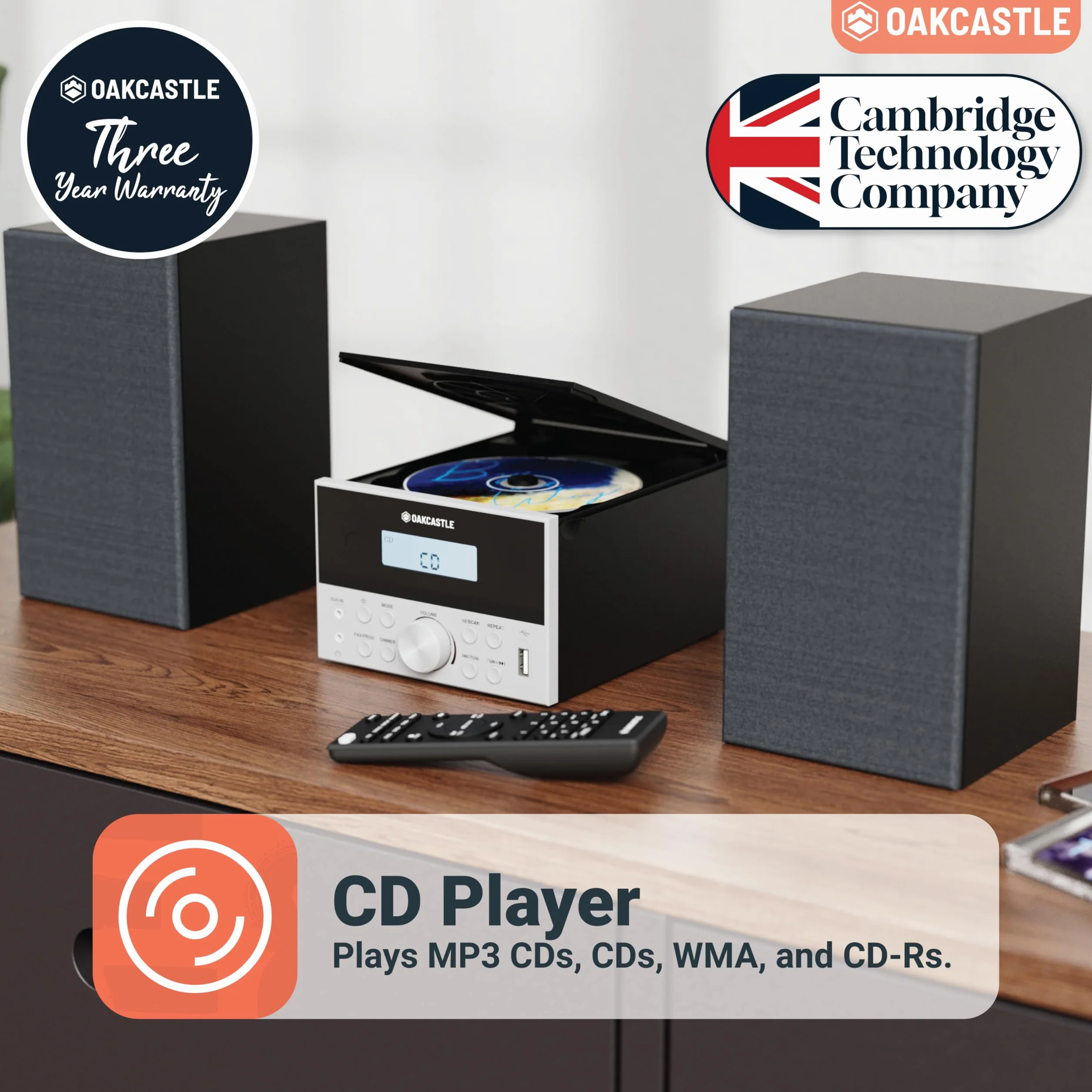 OAKCASTLE HIFI150 Stereo Bluetooth 5.2 HiFi System 20W CD Player FM Radio Wooden Compact