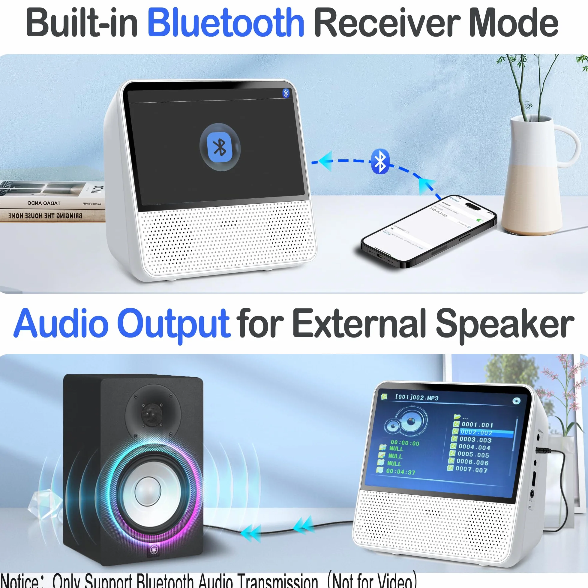 Lettore DVD Portatile Bluetooth 4000mAh Ricaricabile Region Free per Auto con Altoparlanti Integrati Doppi