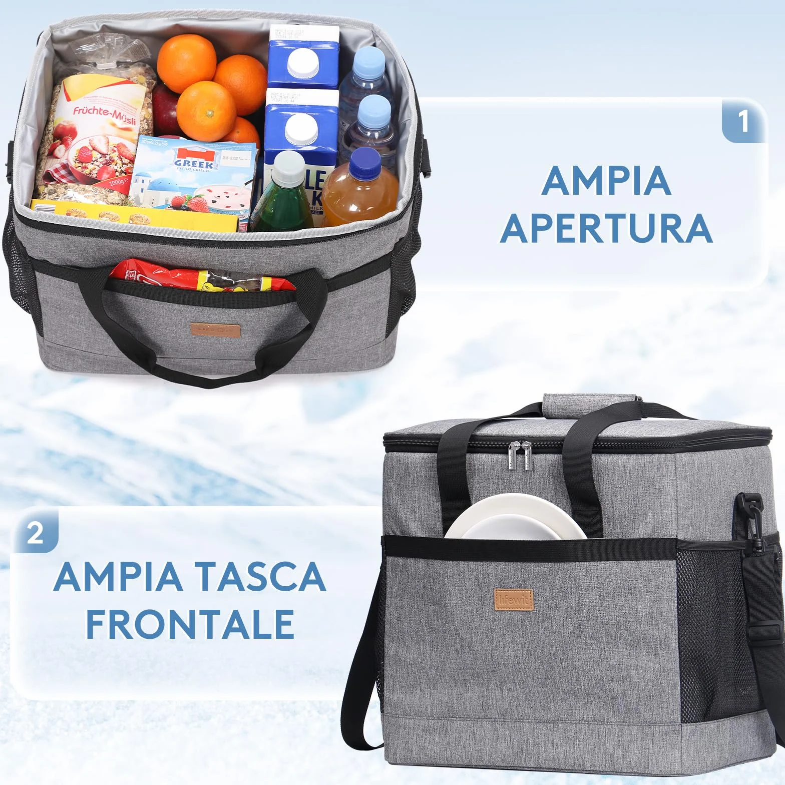 Lifewit Borsa Frigo 30L, Borse Termica Morbida per Surgelati, Cooler Bag Grigio