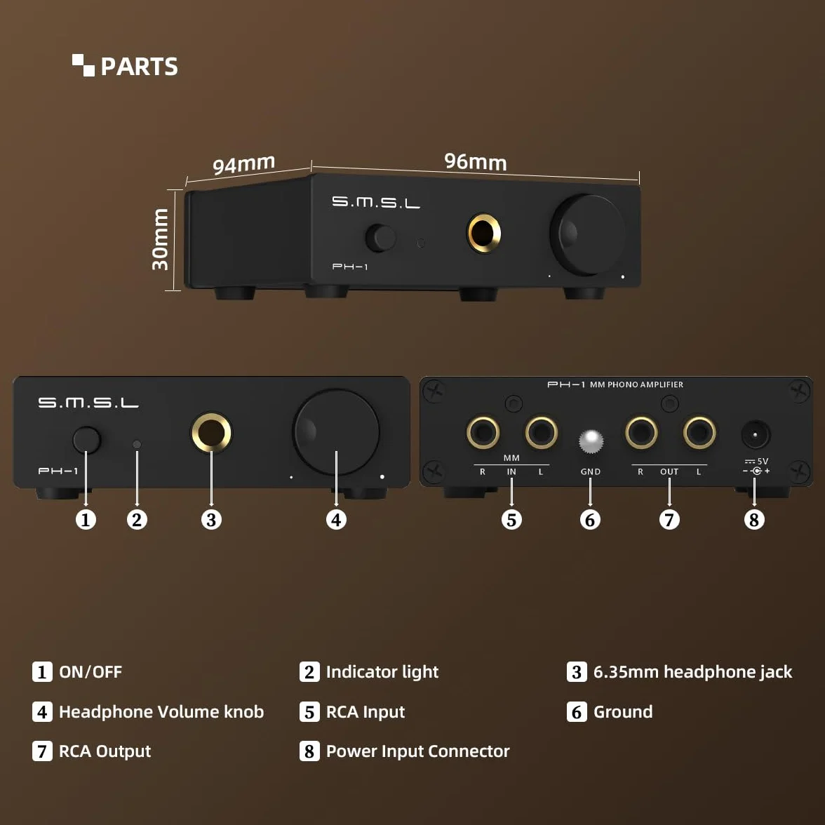 SMSL PH-1 Preamplificatore Phono MM Giradischi RCA 6,35mm Cuffie Alimentatore