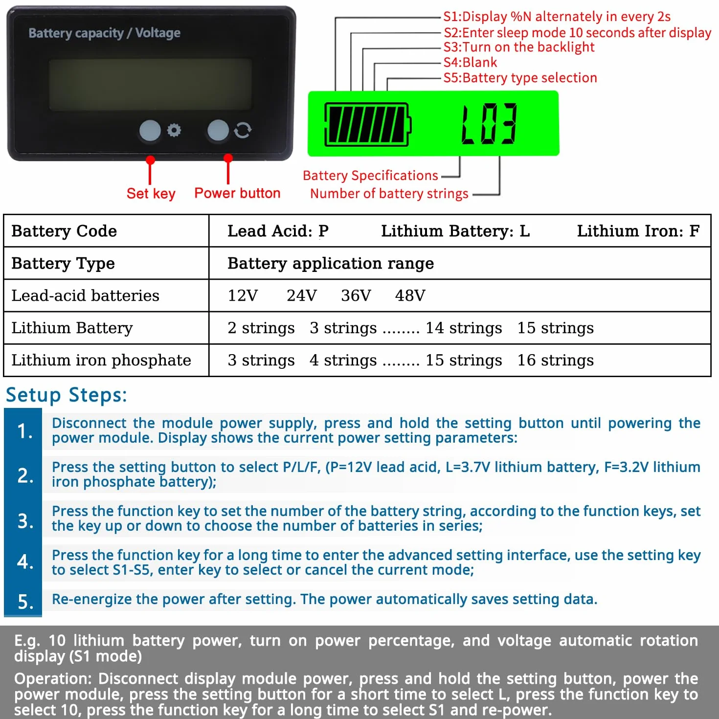 Misuratore di Voltmetro Batteria Universale Tester DC 12-48V Display LCD