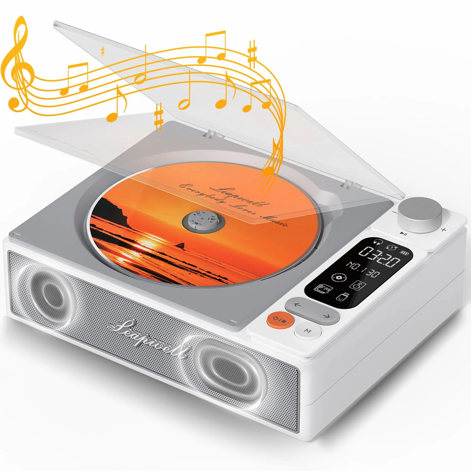 Lettore CD Portatile Leapwell Bluetooth Altoparlanti HiFi Interni Retrò Audio Compatto Ricaricabile Schermo LCD Radio Cuffie AUX USB Ottico Bianco