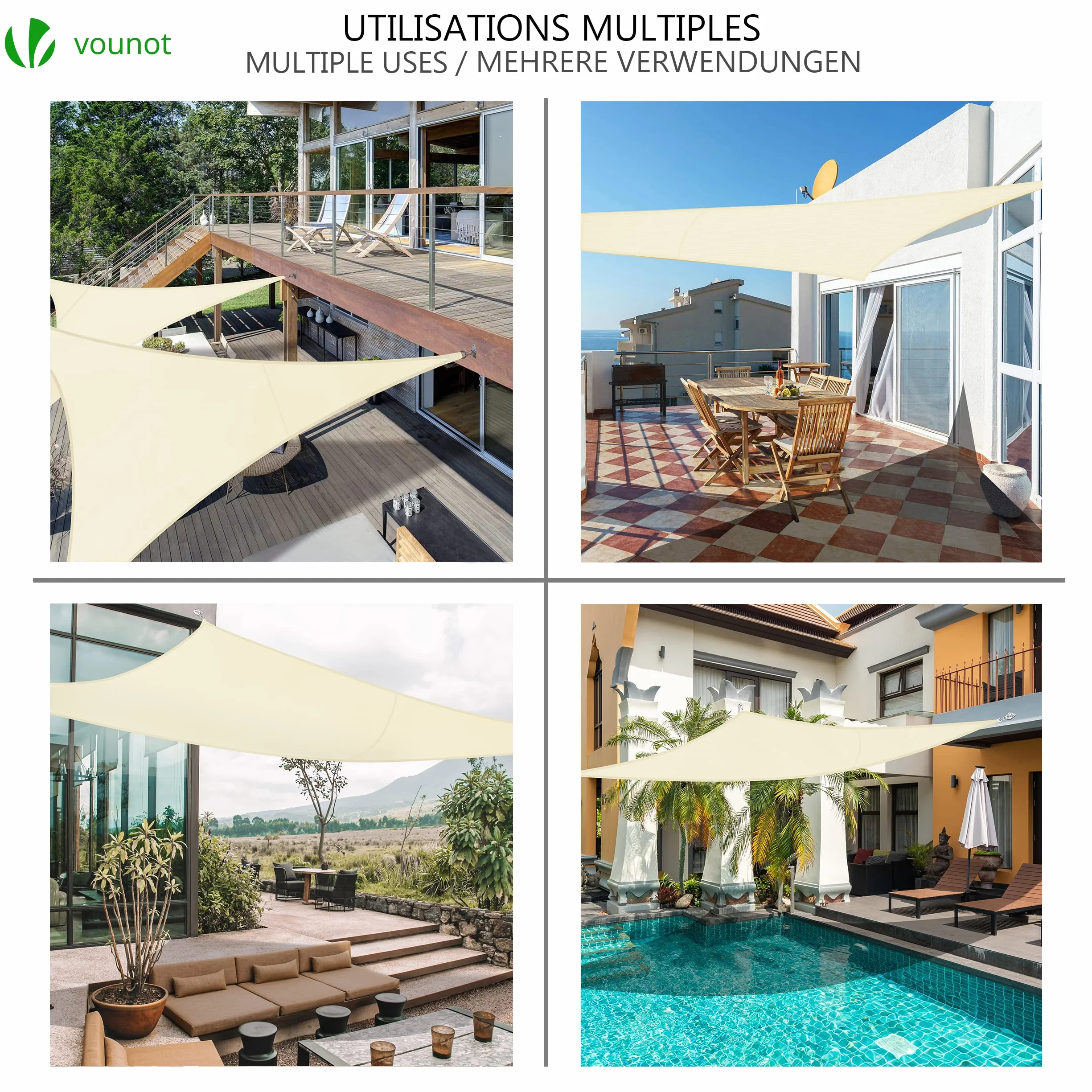 VOUNOT® Vela Ombreggiante Triangolare 5x5x5m, Tenda da Sole Impermeabile Protezione UV per Esterno Beige