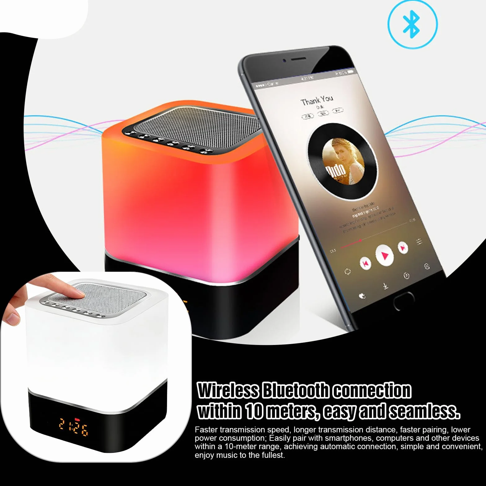 BORDEAG Altoparlante Bluetooth Sveglia con Luce LED Touch, Lampada da Comodino Dimmerabile, Lettore MP3