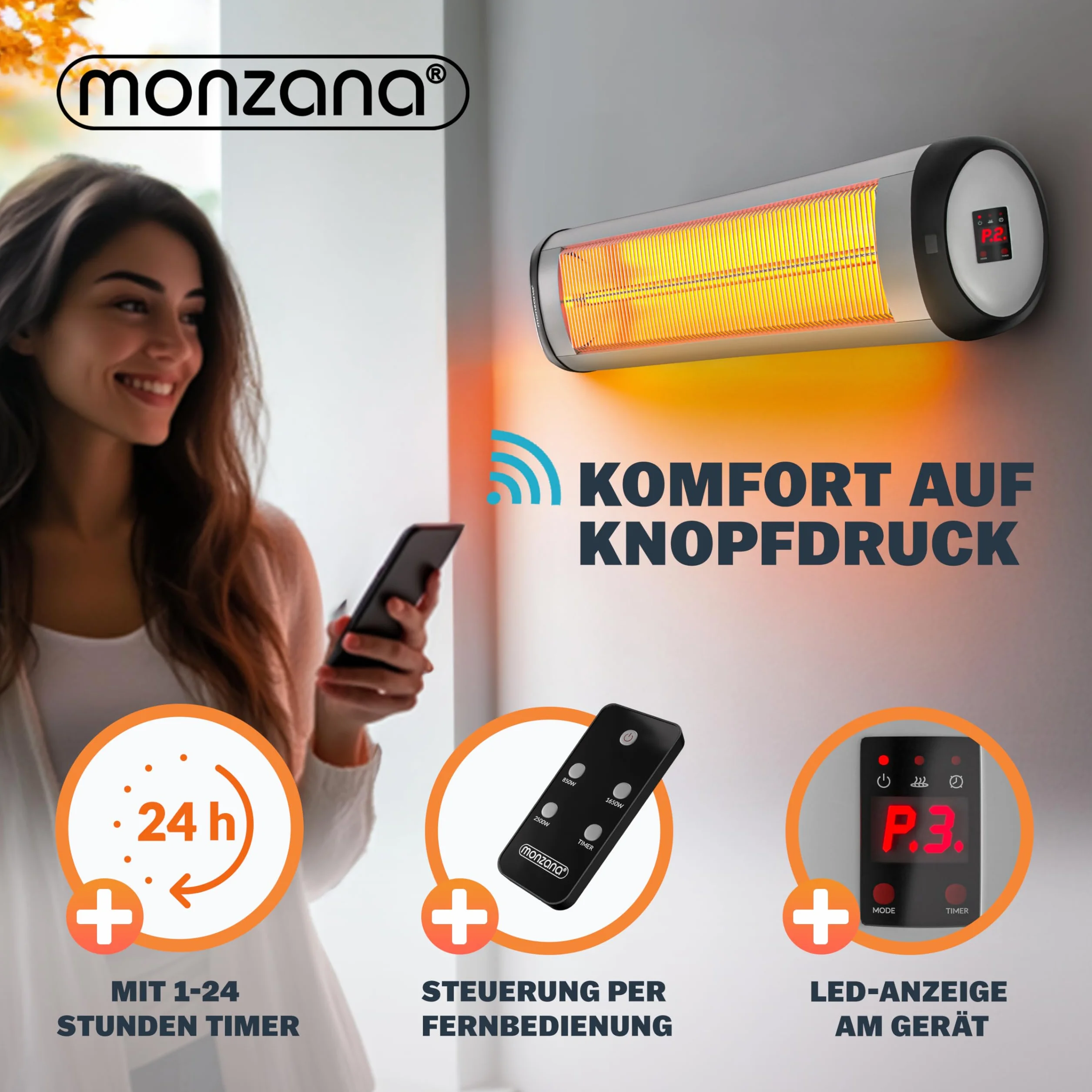 MONZANA Stufa Elettrica a Infrarossi MZH2500 2500W 110-175cm Telecomando Timer 24h