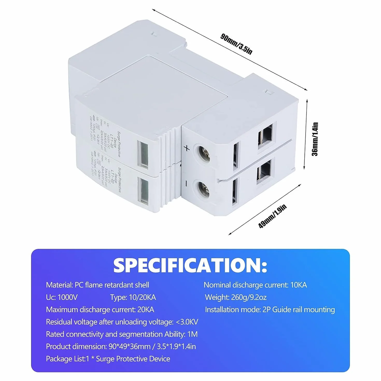 Scaricatore Fotovoltaico LT1-40 2P 1000V CC 40KA Protezione Sovratensione Guida DIN 35mm