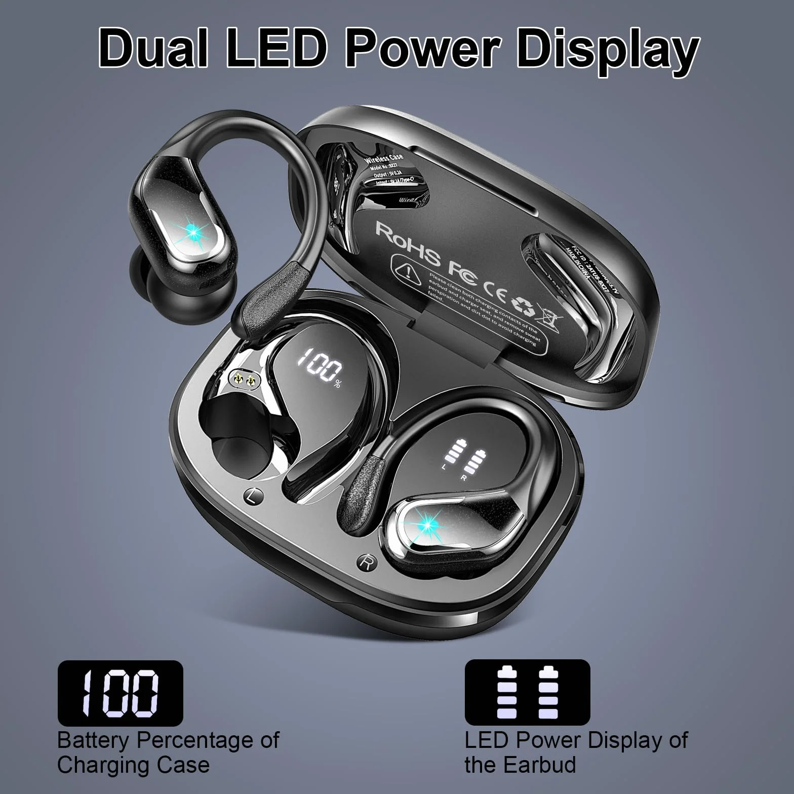 Cuffie Bluetooth Sport 5.4 con 4 ENC Mics, IP7 Impermeabili, Display LED, Senza Filo per Palestra Running