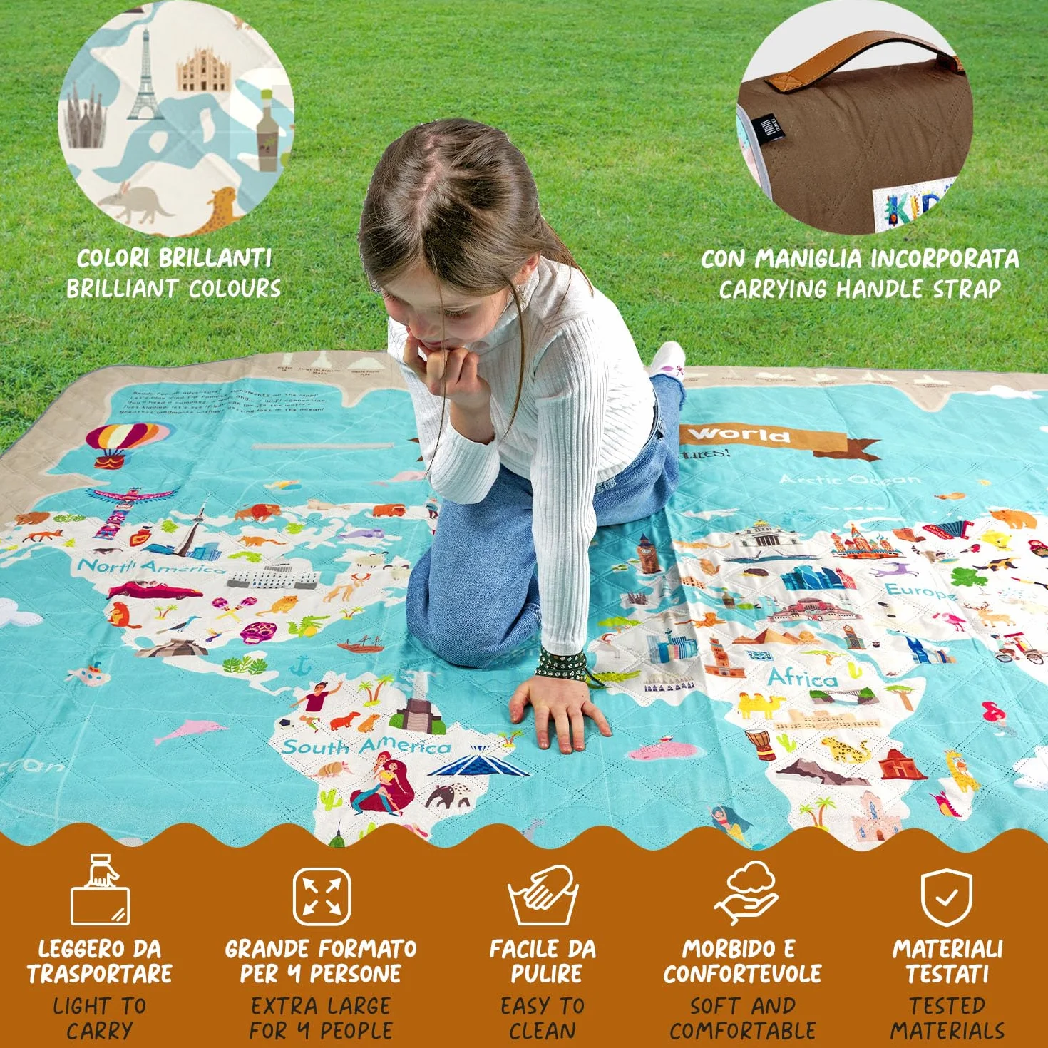 PERLETTI Coperta Pic Nic Impermeabile Bambini 200x200 cm Telo Picnic Grande da Campeggio Spiaggia Pieghevole