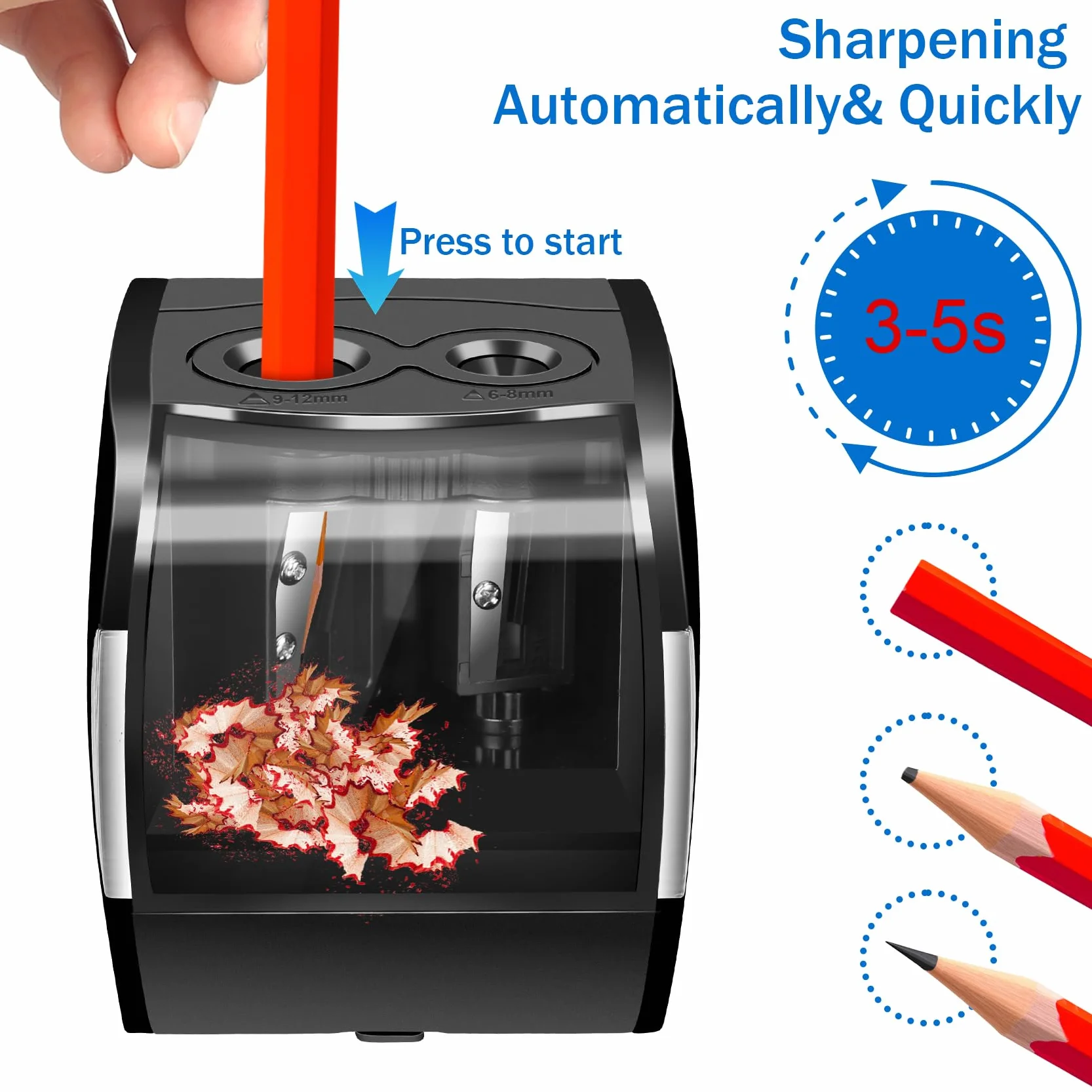 Temperamatite Elettrico USB Professionale Doppio Foro 6-12mm, 4 Lame, Serbatoio per Scuola Ufficio