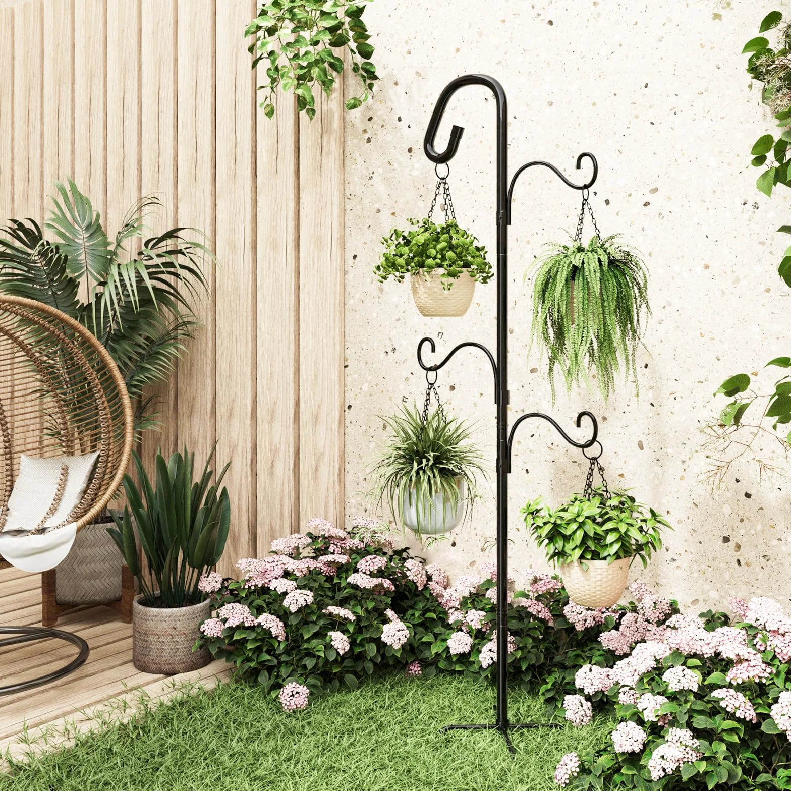 Bamworld Gancio da Pastore da Esterno 120cm per Piante Sospese - Supporto Giardino con 4 Ganci Regolabili