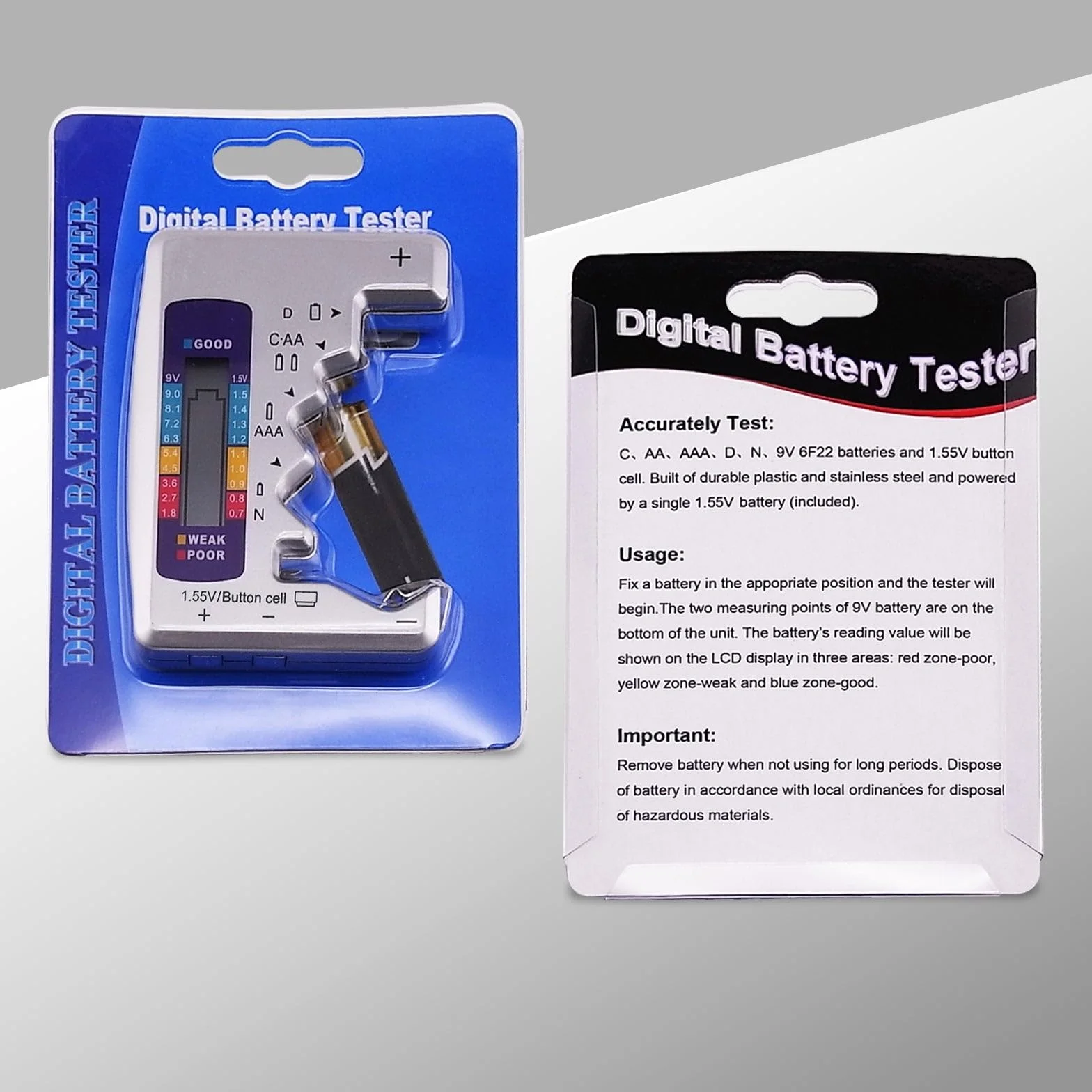 Tester Batterie Universale con LCD per AA AAA C D N 9V 1.5V Bottone